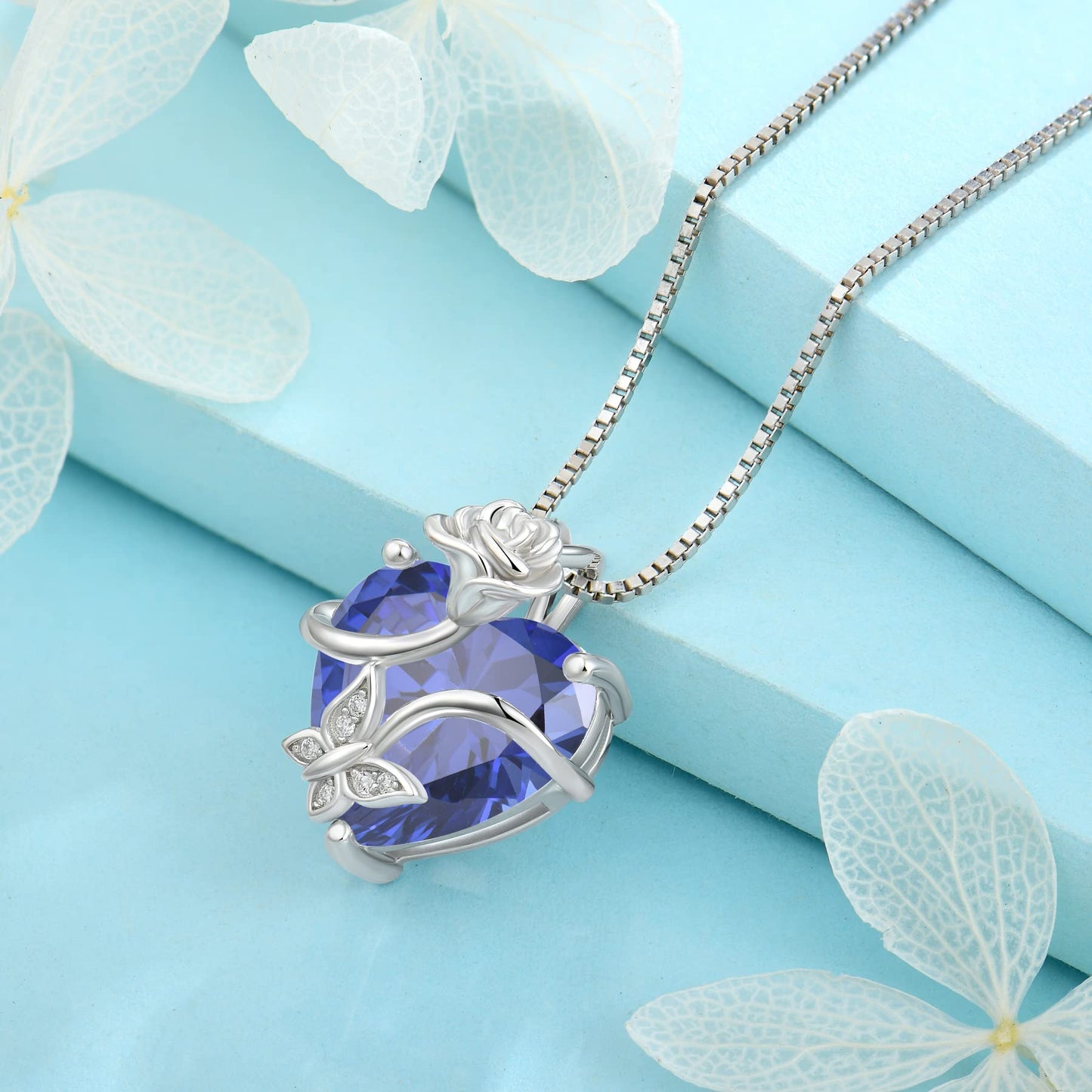 FJ Herz Geburtsstein Kette Damen 925 Sterling Silber Schmetterling Kette Anhänger mit Rose Blume Schmuck Geschenke für Frauen Mutter Freundin Mama