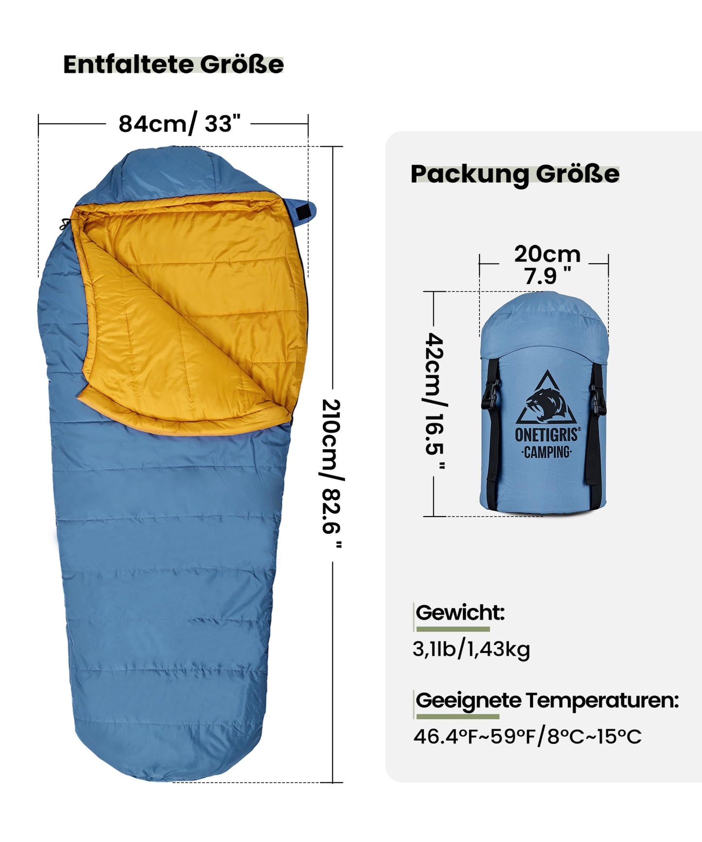 OneTigris Schlafsack Outdoor kleines Packmaß 3 Jahreszeiten 8 °C -15 °C Mumienschlafsack Ultraleicht kompakt für Camping, Reisen, Wandern