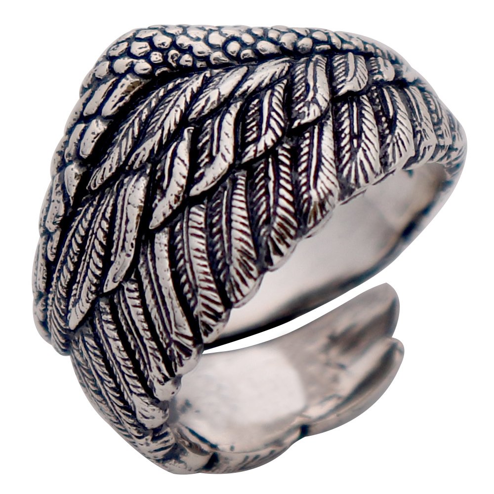 ELB Bike Vintage Schwarz 925 Sterling Silber Flügel Feder Ring Engelsflügel Schmuck für Herren Damen Offen und Verstellbar