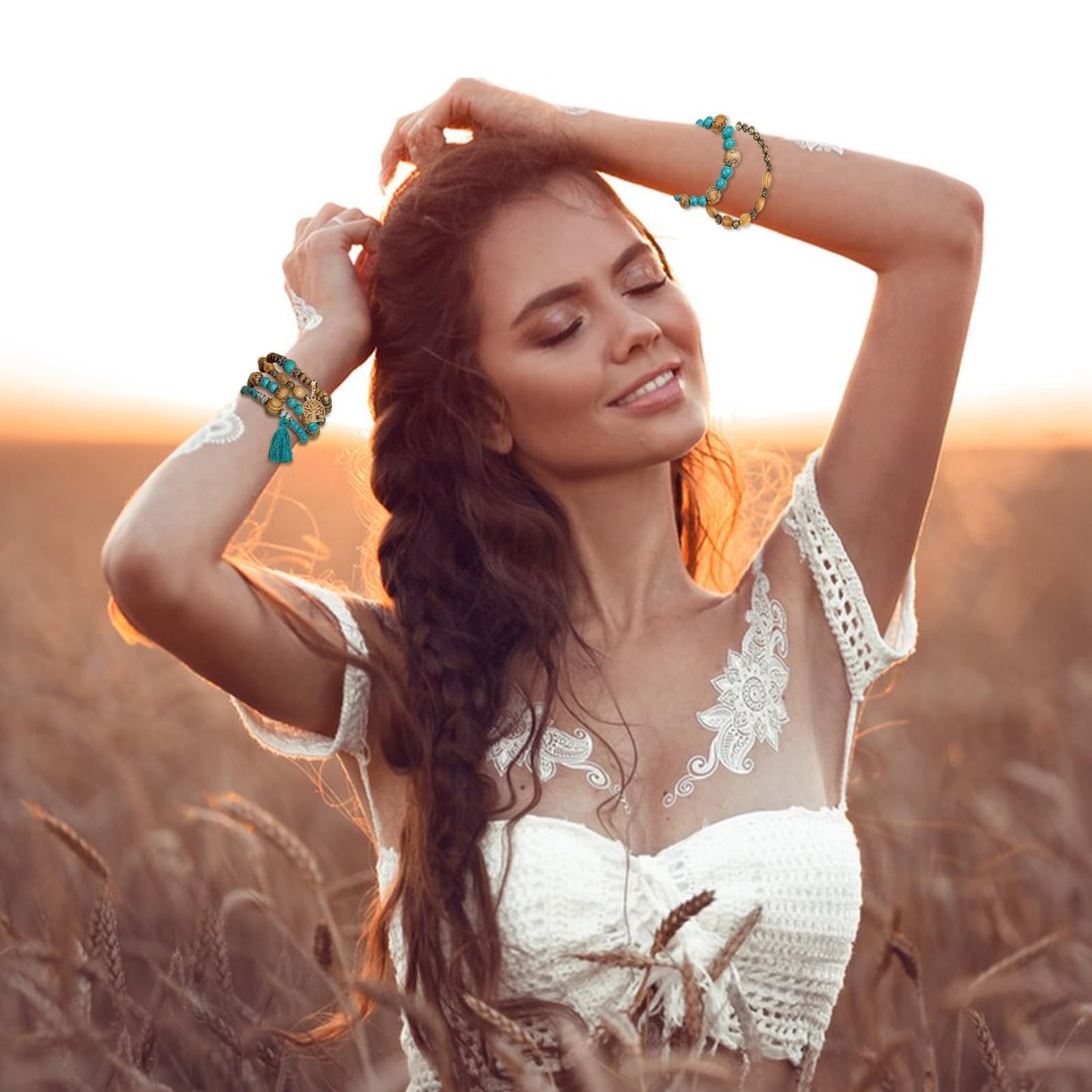 Sternstunde 4 Stück Boho Armbänder Damen, Chakra Armband für Frauen, Schmuck Boho Armreifen mit Holzperlen und Quaste, Chakra Armband, Lebensbaum-Charm, Liebe, Statement-Armreifen