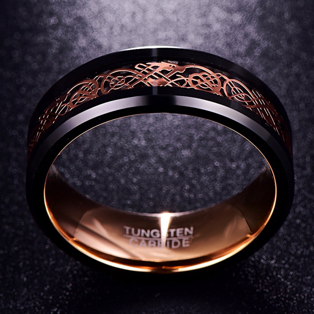 NUNCAD Schwarz Ring Wolfram Partner Ring Herren Damen 8mm Keltische Drachen Ring mit Kohlefasern Blau/Grün/Rot/Rosegold Größe 49.3-72(15.7-22.9)
