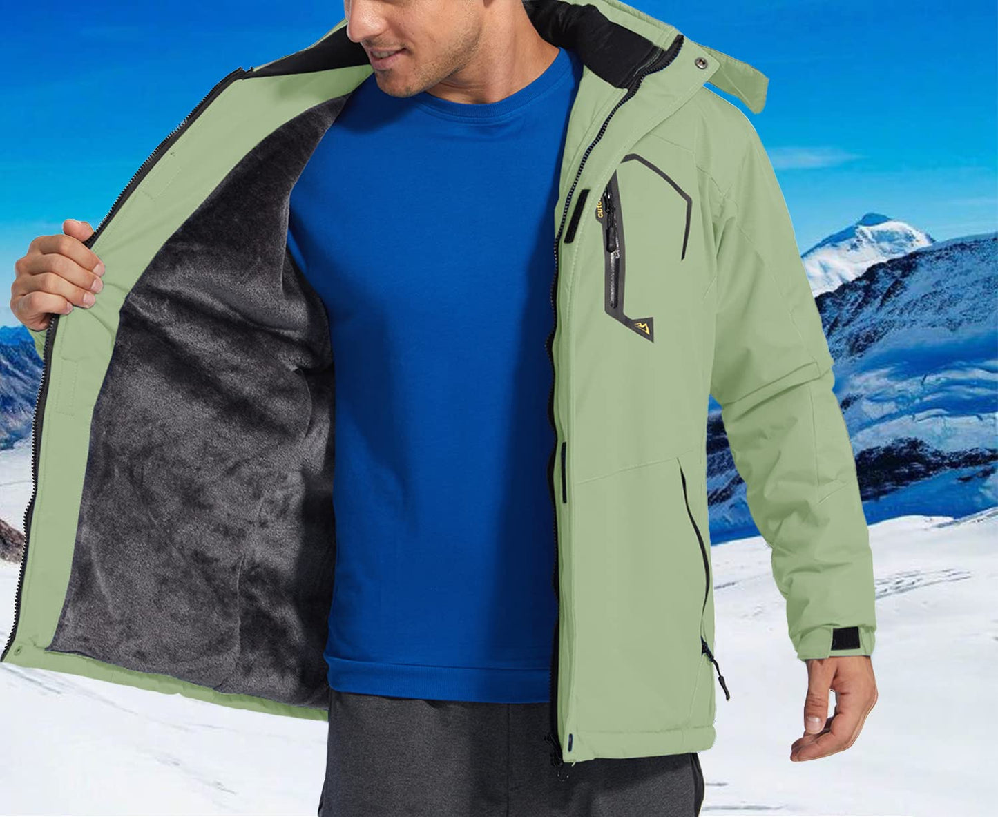 KEFITEVD Herren Skijacke Atmungsaktiv Warm Gefüttert Winterjacke mit Abnehmbarer Kapuze Snowboardjacke Wasserdicht Outdoorjacke