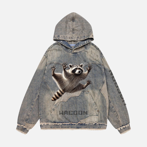 WACOON bluetrash Unisex Washed Distressed Fuzzy Denim Hoodie