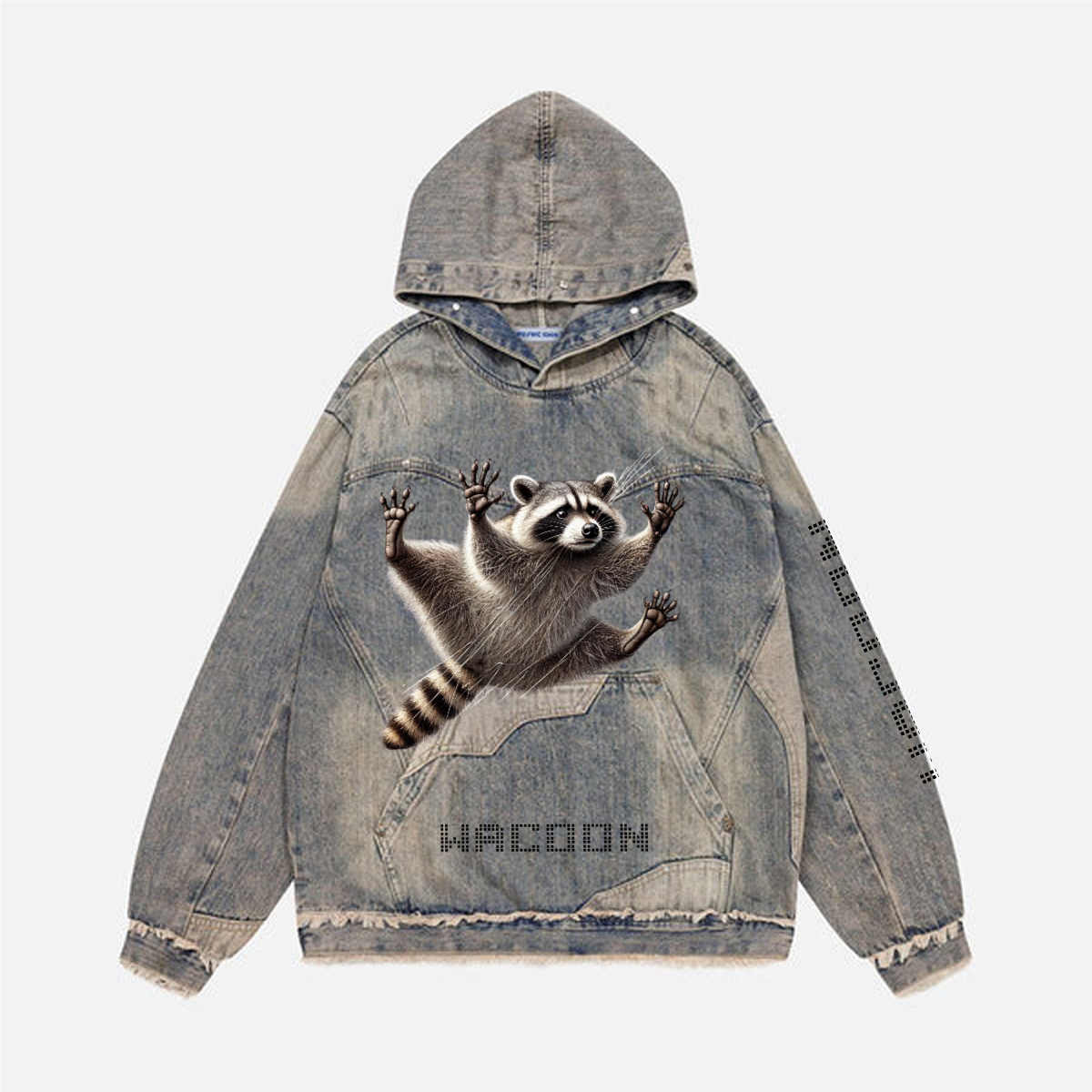WACOON bluetrash Unisex Washed Distressed Fuzzy Denim Hoodie