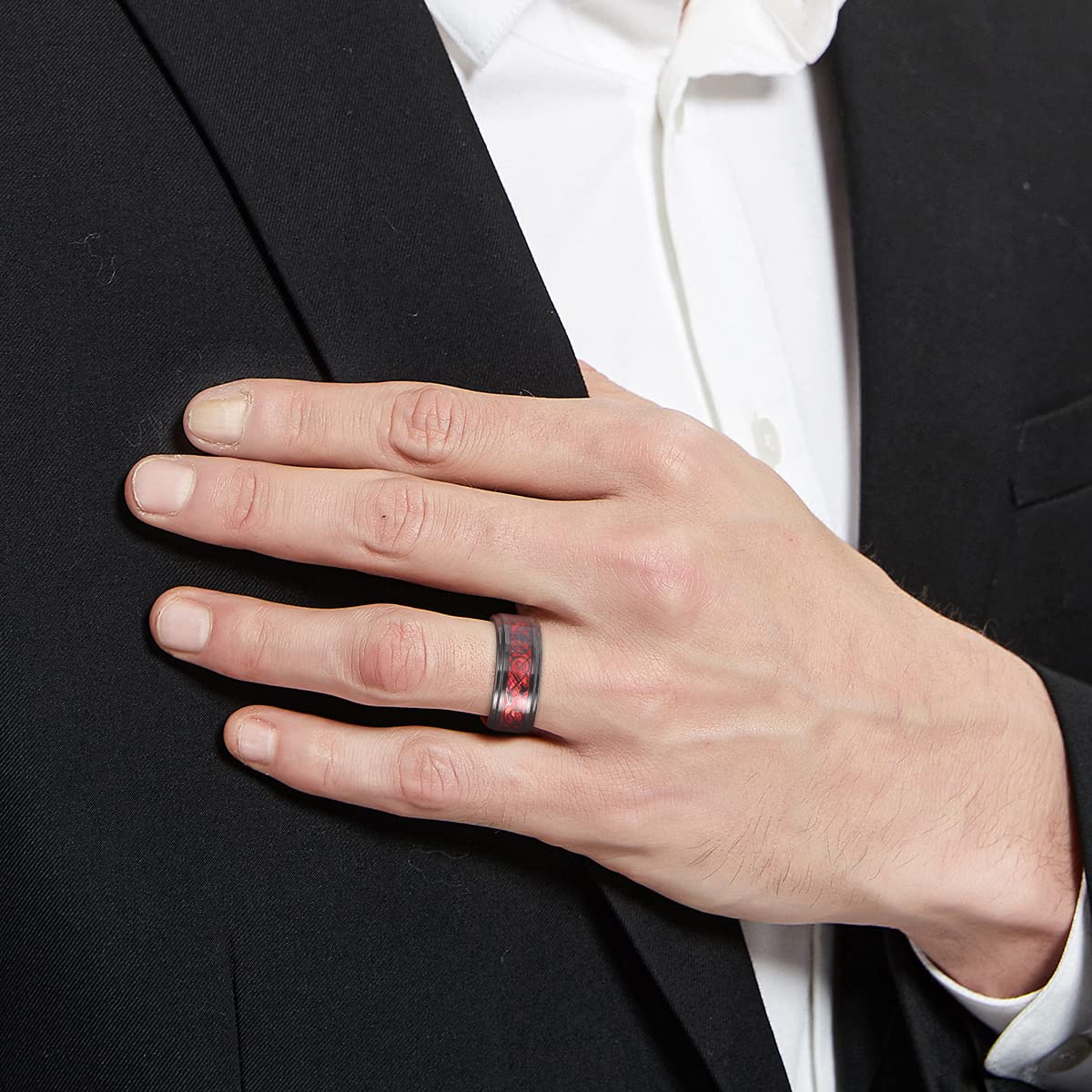 NUNCAD Schwarz Ring Wolfram Partner Ring Herren Damen 8mm Keltische Drachen Ring mit Kohlefasern Blau/Grün/Rot/Rosegold Größe 49.3-72(15.7-22.9)