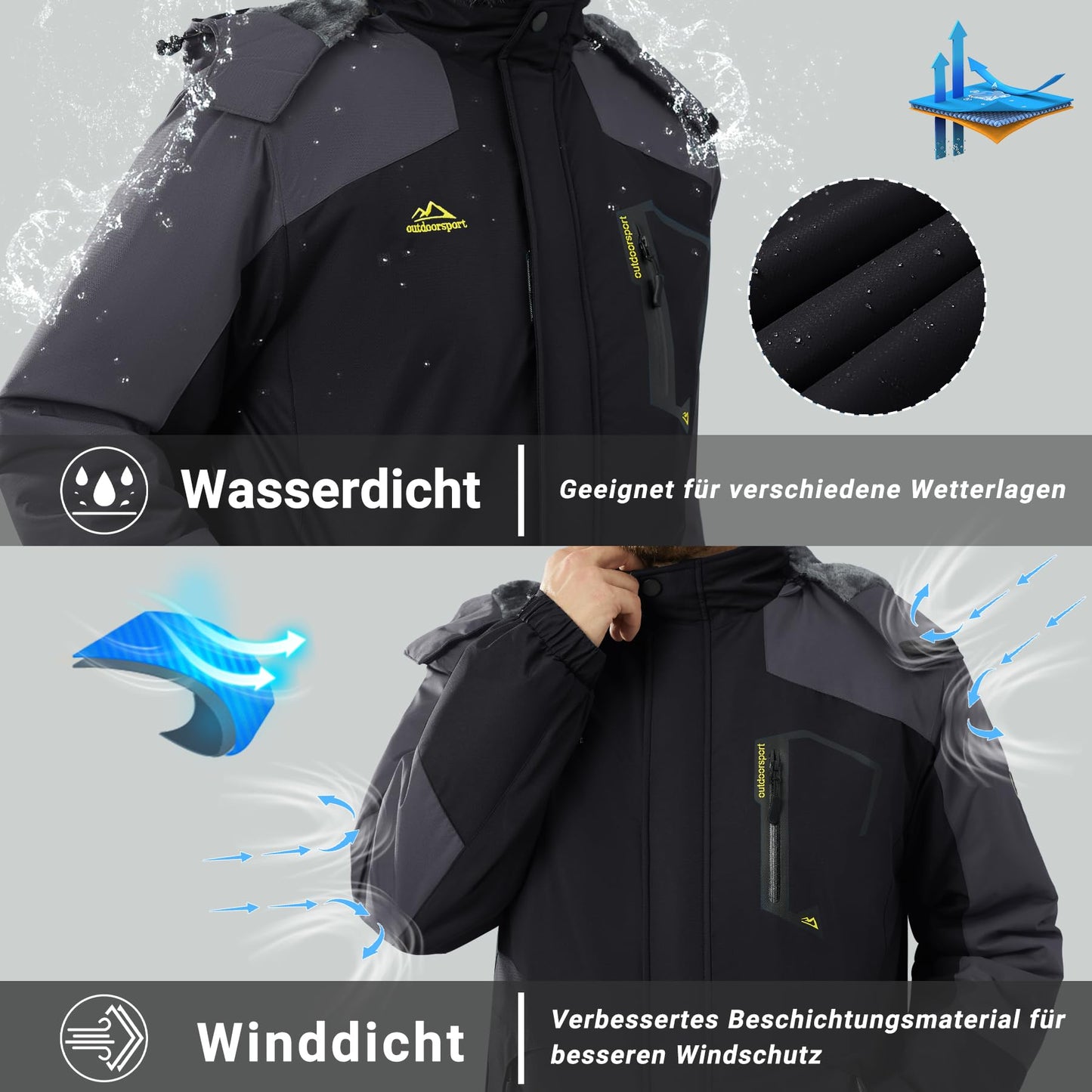 KEFITEVD Herren Skijacke Atmungsaktiv Warm Gefüttert Winterjacke mit Abnehmbarer Kapuze Snowboardjacke Wasserdicht Outdoorjacke