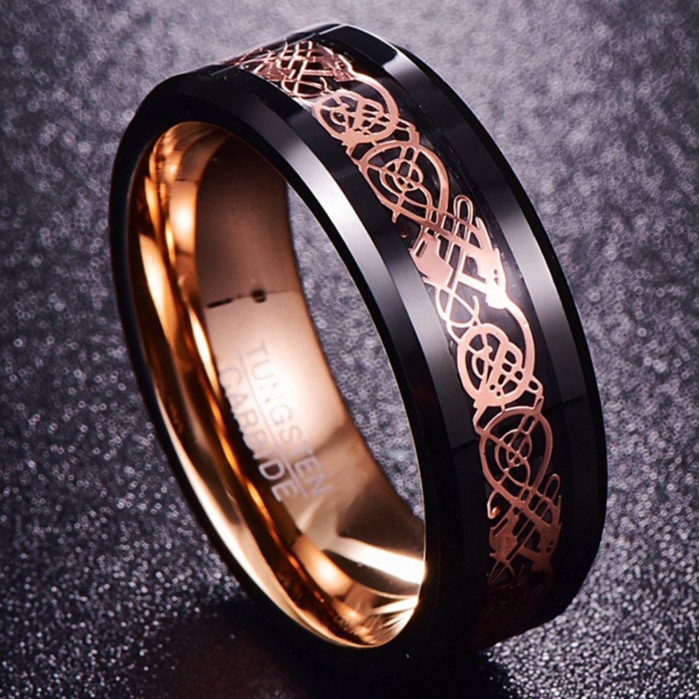 NUNCAD Schwarz Ring Wolfram Partner Ring Herren Damen 8mm Keltische Drachen Ring mit Kohlefasern Blau/Grün/Rot/Rosegold Größe 49.3-72(15.7-22.9)