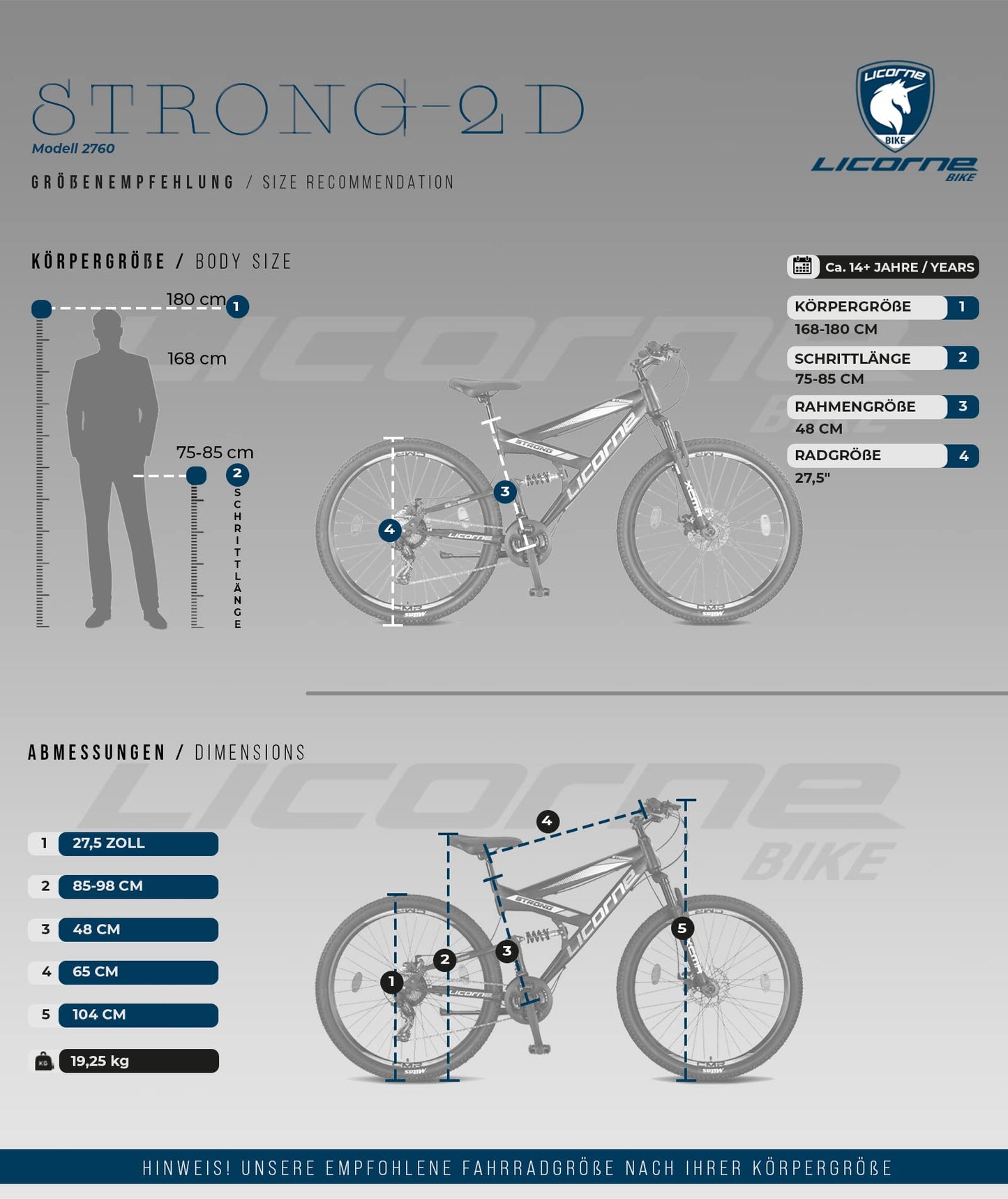 ELB daily Licorne Bike Strong 2D Premium Mountainbike in 26, 27.5 und 29 Zoll Fahrrad für Jungen Mädchen Damen und Herren Scheibenbremse vorne und hinten 21 Gang Schaltung Vollfederung