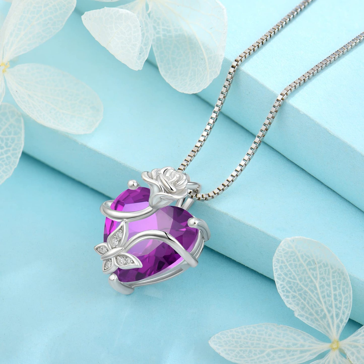 FJ Herz Geburtsstein Kette Damen 925 Sterling Silber Schmetterling Kette Anhänger mit Rose Blume Schmuck Geschenke für Frauen Mutter Freundin Mama