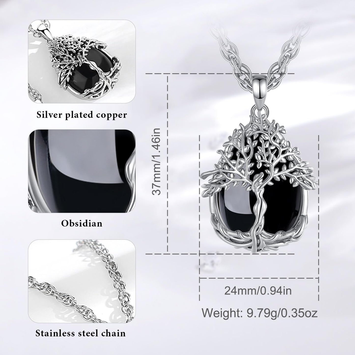 EDERSEENSUCHT - AEONSLOVE Lebensbaum Kette mit Kristall, Baum des Lebens Mondstein Halskette für Damen Türkis Amethyst Anhänger Obsidian Malachit Stein Kette Heilsteine Schmuck