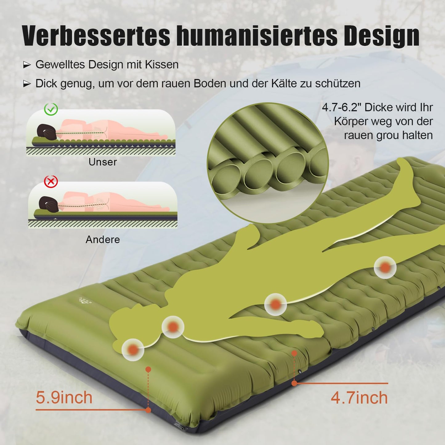 GGOV Isomatte Selbstaufblasend für Camping, 12 cm Höhe Bequeme Selbstaufblasende luftmatratze für Wandern, Ultraleicht Wasserdicht Luftmatratze Outdoor, mit Fußpresse Pumpe, Tragbar Kleines Packmass