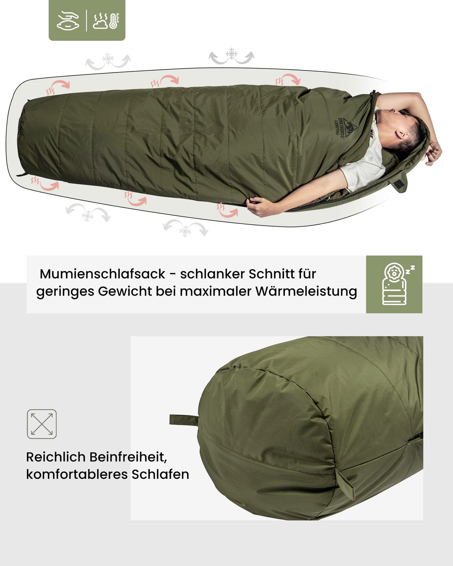 OneTigris Schlafsack Outdoor kleines Packmaß 3 Jahreszeiten 8 °C -15 °C Mumienschlafsack Ultraleicht kompakt für Camping, Reisen, Wandern