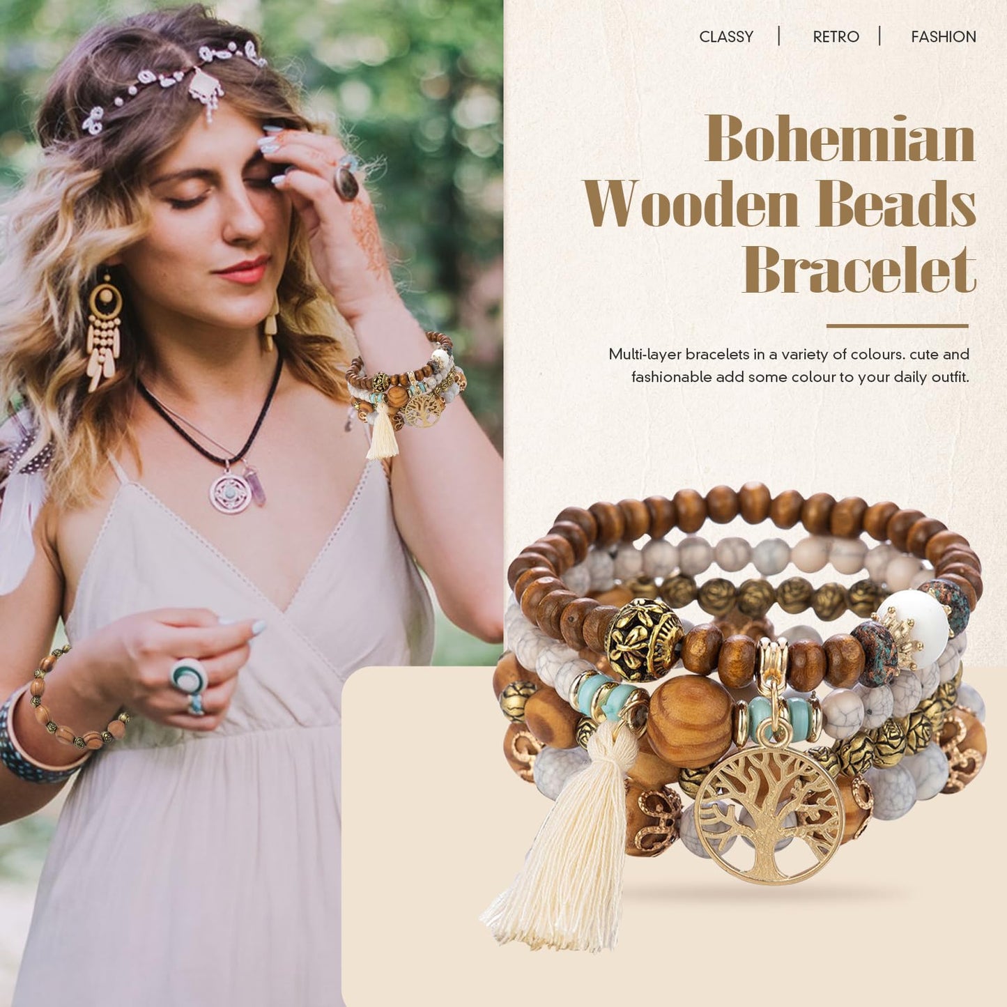 Sternstunde 4 Stück Boho Armbänder Damen, Chakra Armband für Frauen, Schmuck Boho Armreifen mit Holzperlen und Quaste, Chakra Armband, Lebensbaum-Charm, Liebe, Statement-Armreifen