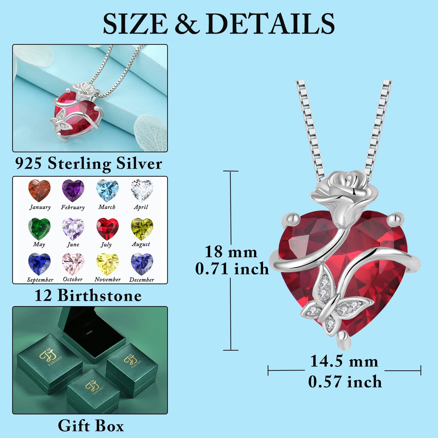 FJ Herz Geburtsstein Kette Damen 925 Sterling Silber Schmetterling Kette Anhänger mit Rose Blume Schmuck Geschenke für Frauen Mutter Freundin Mama