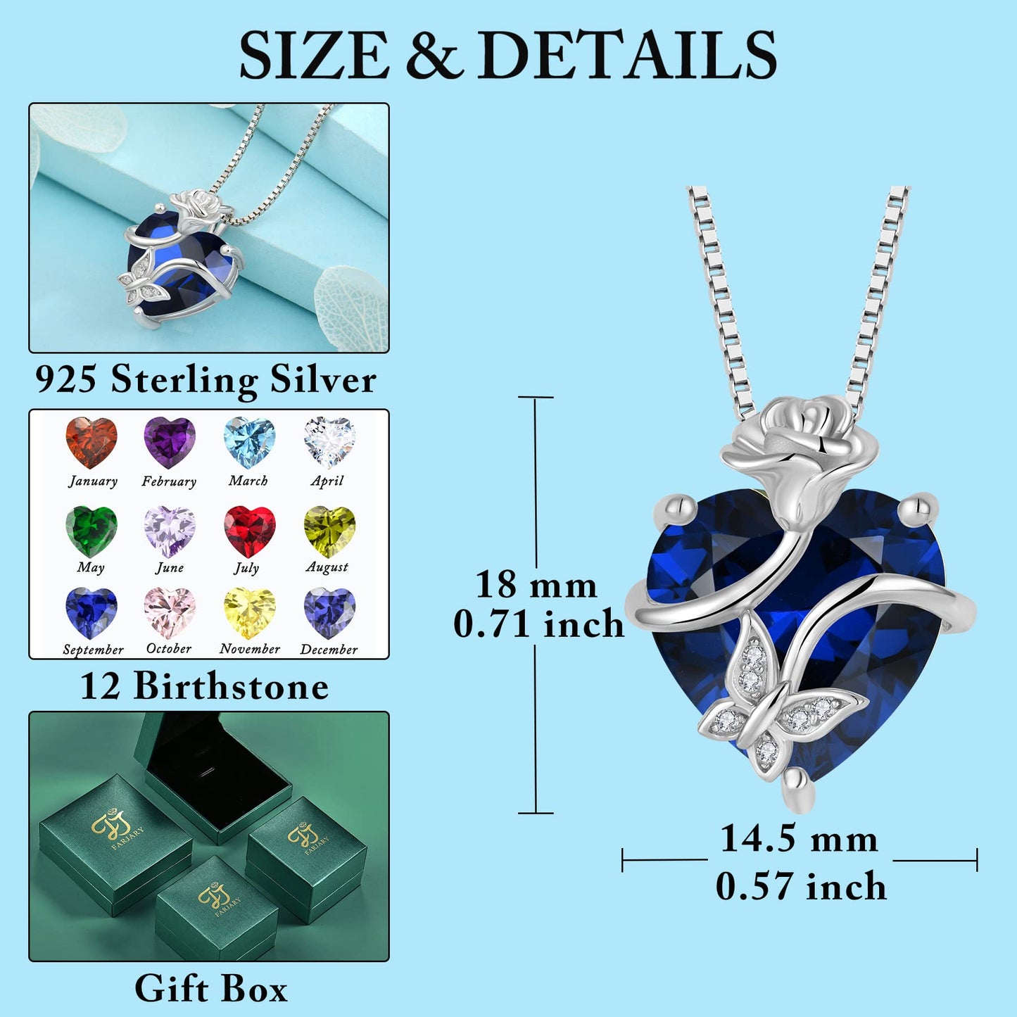 FJ Herz Geburtsstein Kette Damen 925 Sterling Silber Schmetterling Kette Anhänger mit Rose Blume Schmuck Geschenke für Frauen Mutter Freundin Mama