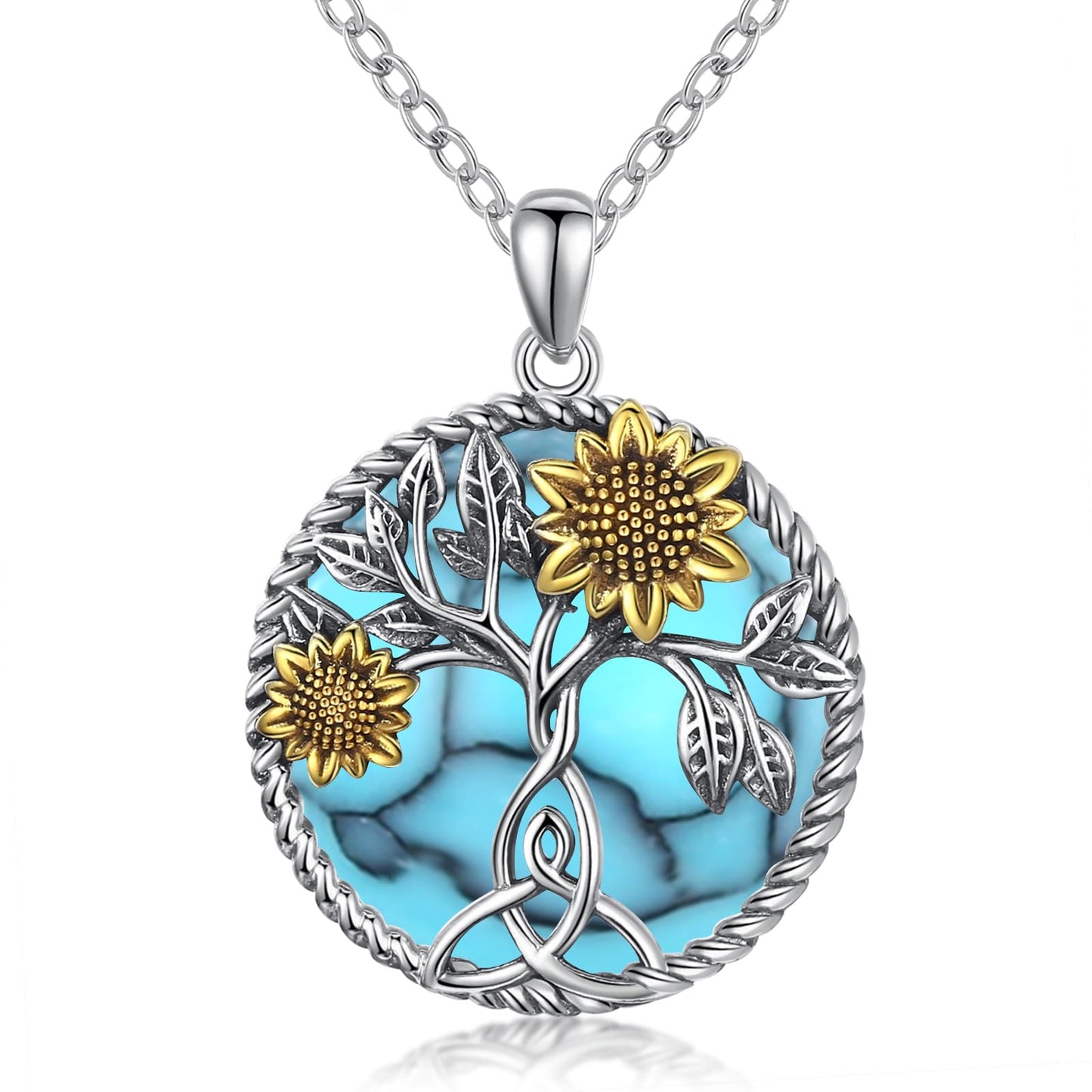 Ederseensucht-Sonnenblumen-Halskette, 925er Sterlingsilber, Gänseblümchen/Rose/Mondstein, Sonnenblumen-Baum des Lebens-Anhänger-Halskette, Sonnenblumen-Schmuck, Geschenke für Frauen, Mädchen, Mütter