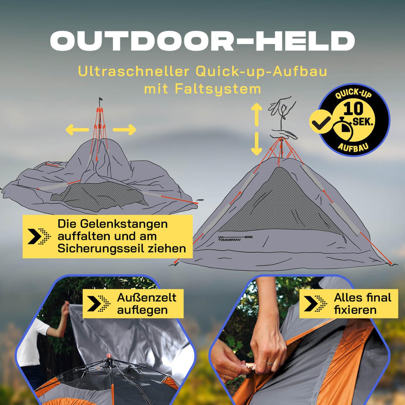 Lumaland Camping Zelt | Leichtes Pop Up Wurfzelt | 2-3 Personen Kuppelzelt | Trekking & Festival Igluzelt | Sekundenzelt Wasserdicht 210x190x110cm | Wind- & Sonnenschutz | Mit 1 & 2 Eingängen