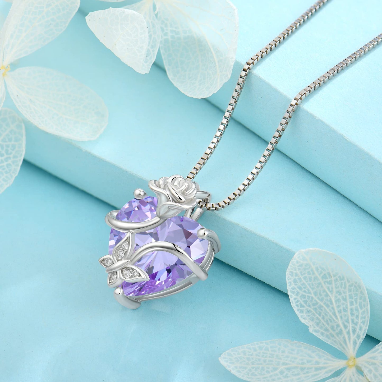FJ Herz Geburtsstein Kette Damen 925 Sterling Silber Schmetterling Kette Anhänger mit Rose Blume Schmuck Geschenke für Frauen Mutter Freundin Mama