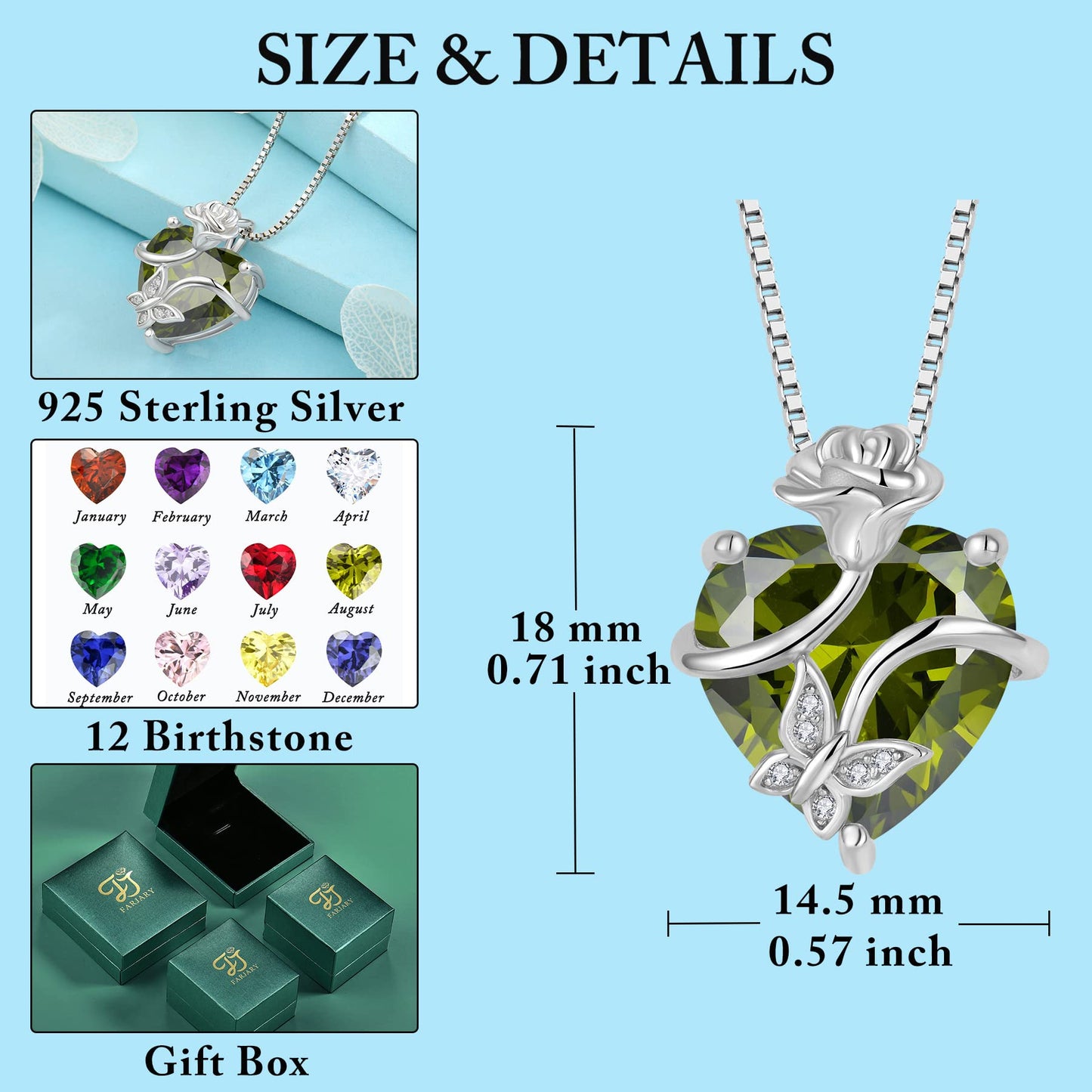 FJ Herz Geburtsstein Kette Damen 925 Sterling Silber Schmetterling Kette Anhänger mit Rose Blume Schmuck Geschenke für Frauen Mutter Freundin Mama