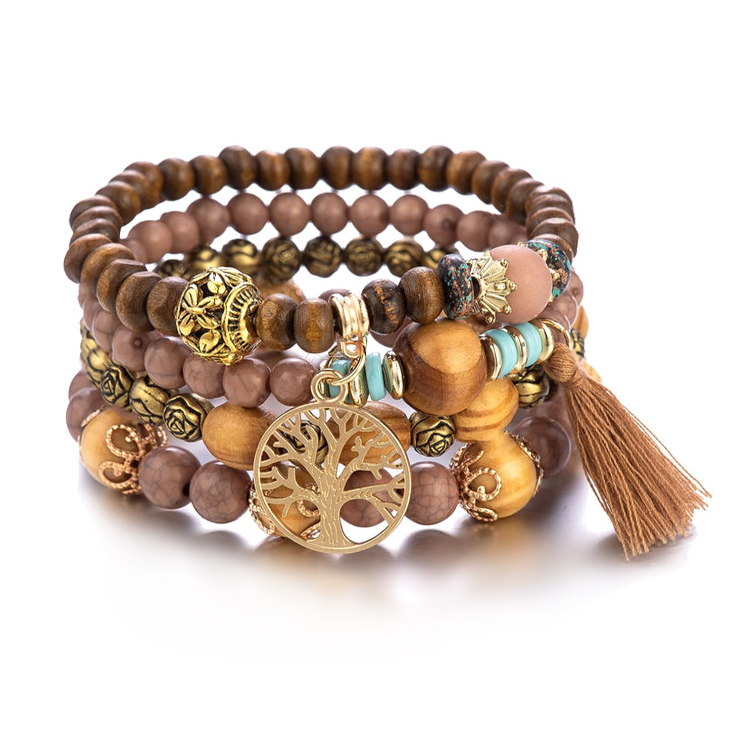 Sternstunde 4 Stück Boho Armbänder Damen, Chakra Armband für Frauen, Schmuck Boho Armreifen mit Holzperlen und Quaste, Chakra Armband, Lebensbaum-Charm, Liebe, Statement-Armreifen