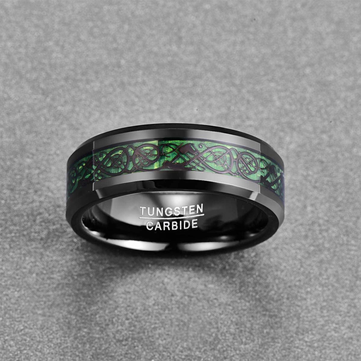 NUNCAD Schwarz Ring Wolfram Partner Ring Herren Damen 8mm Keltische Drachen Ring mit Kohlefasern Blau/Grün/Rot/Rosegold Größe 49.3-72(15.7-22.9)