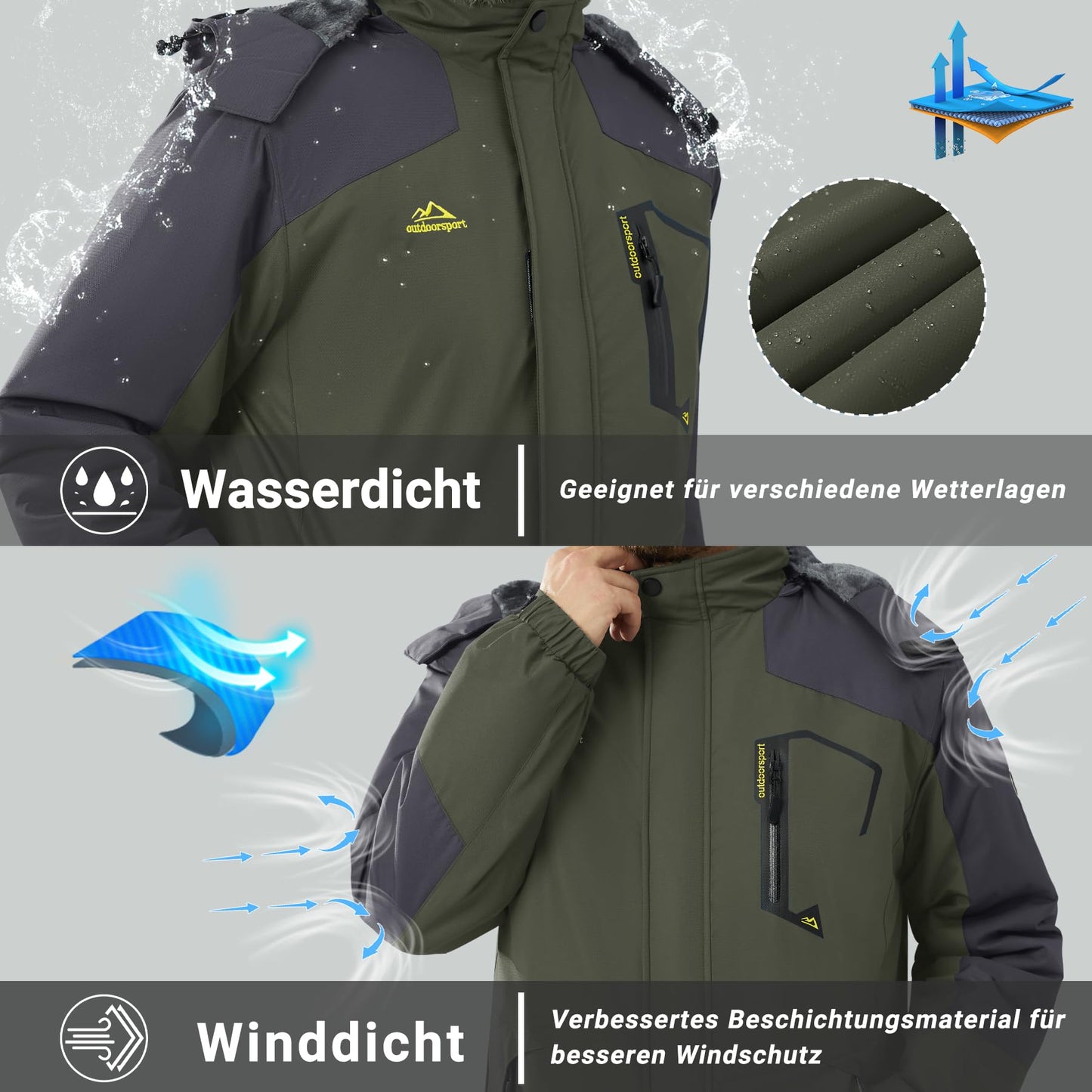 KEFITEVD Herren Skijacke Atmungsaktiv Warm Gefüttert Winterjacke mit Abnehmbarer Kapuze Snowboardjacke Wasserdicht Outdoorjacke