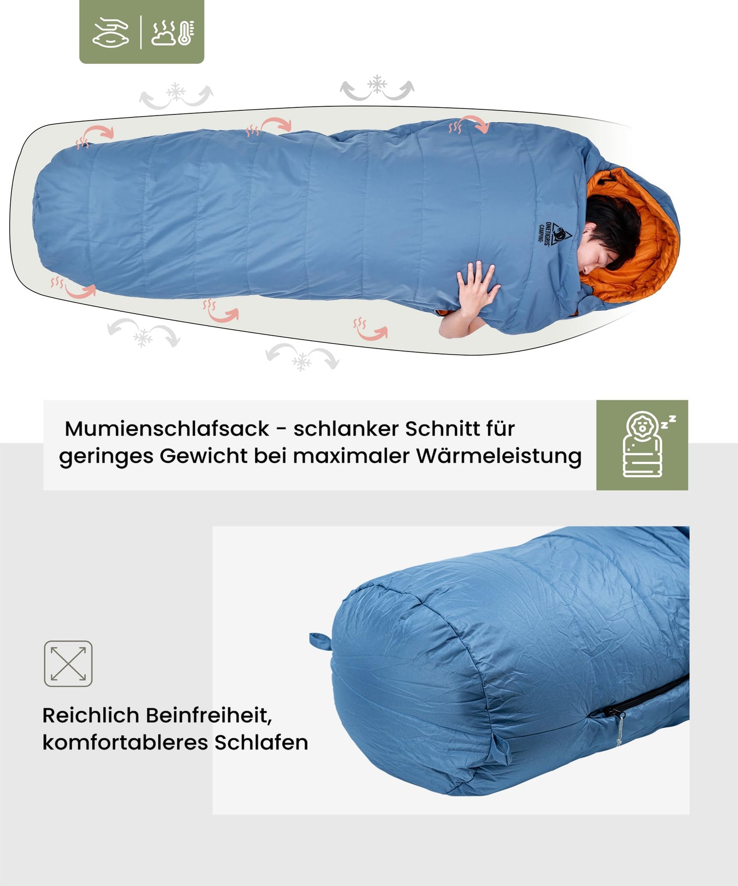 OneTigris Schlafsack Outdoor kleines Packmaß 3 Jahreszeiten 8 °C -15 °C Mumienschlafsack Ultraleicht kompakt für Camping, Reisen, Wandern