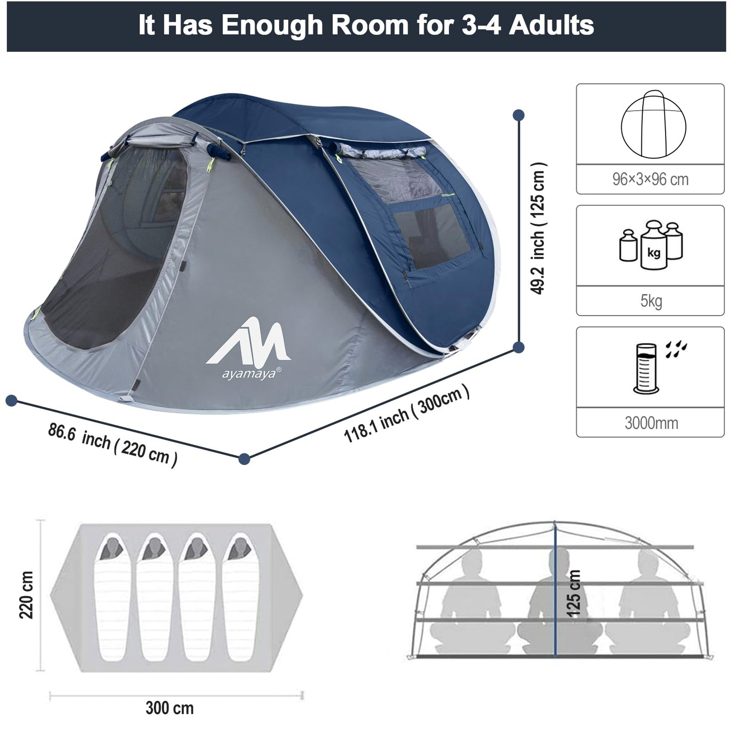 Zelt 3-4 Personen Pop Up Wurfzelt mit Große Dachfenster, Strandmuschel Automatik 4 Mann Zelte Wasserdicht Strandzelt Festivalzelt Schnellaufbauzelt für Outdoor Camping Picknick Wandern