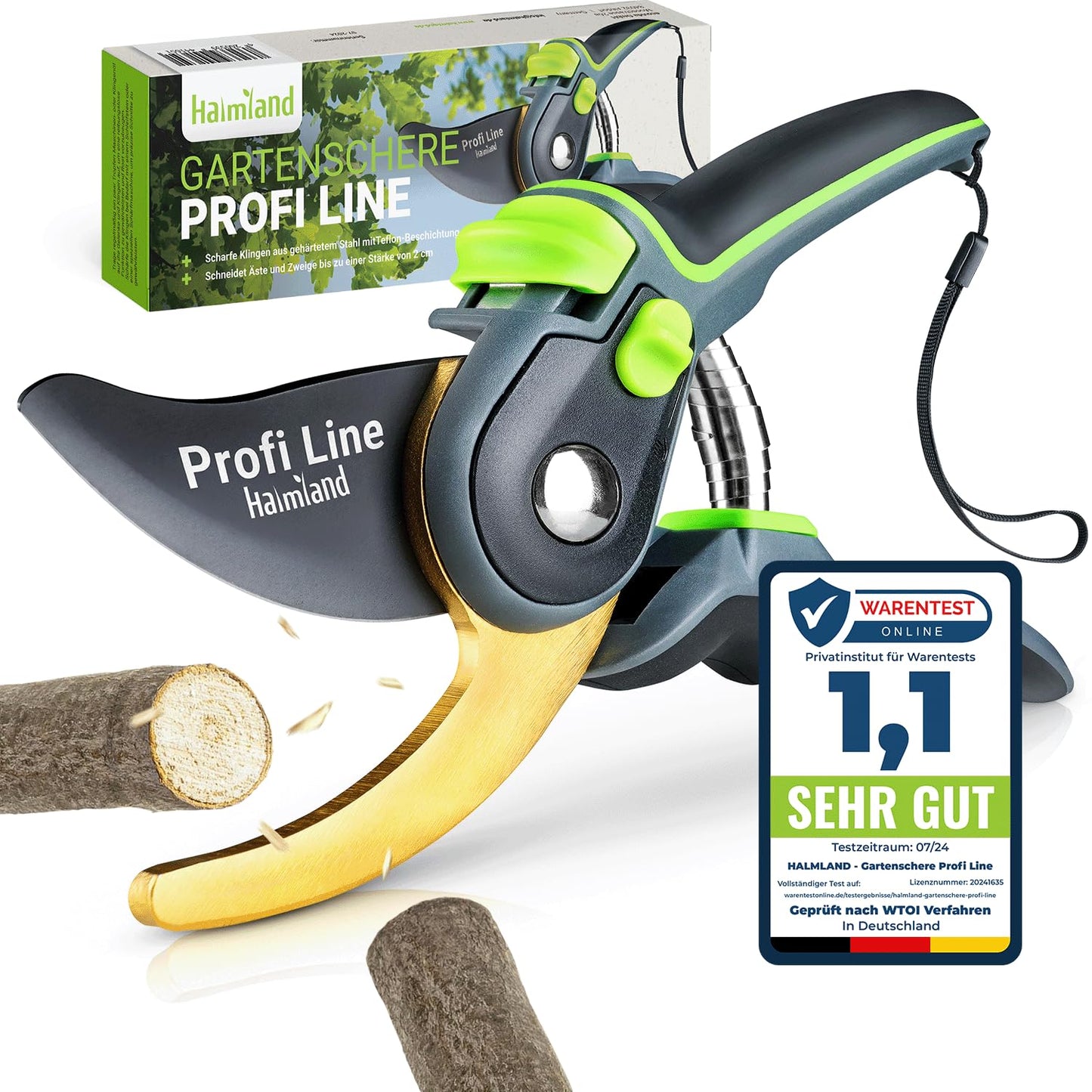 ELB halmland® Premium Gartenschere mit scharfer SK5 Stahlklinge | Astschere, Pflanzenschere | schneidet Äste bis 20mm Durchmesser | Teflon-Antihaftbeschichtung | für große & kleine Hände | Grün