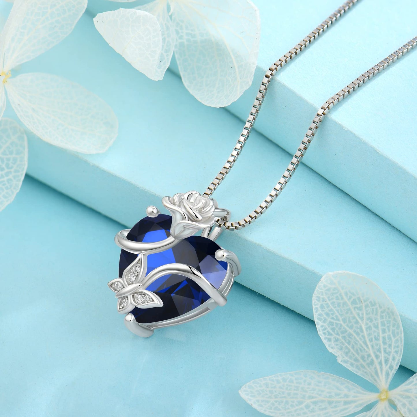 FJ Herz Geburtsstein Kette Damen 925 Sterling Silber Schmetterling Kette Anhänger mit Rose Blume Schmuck Geschenke für Frauen Mutter Freundin Mama