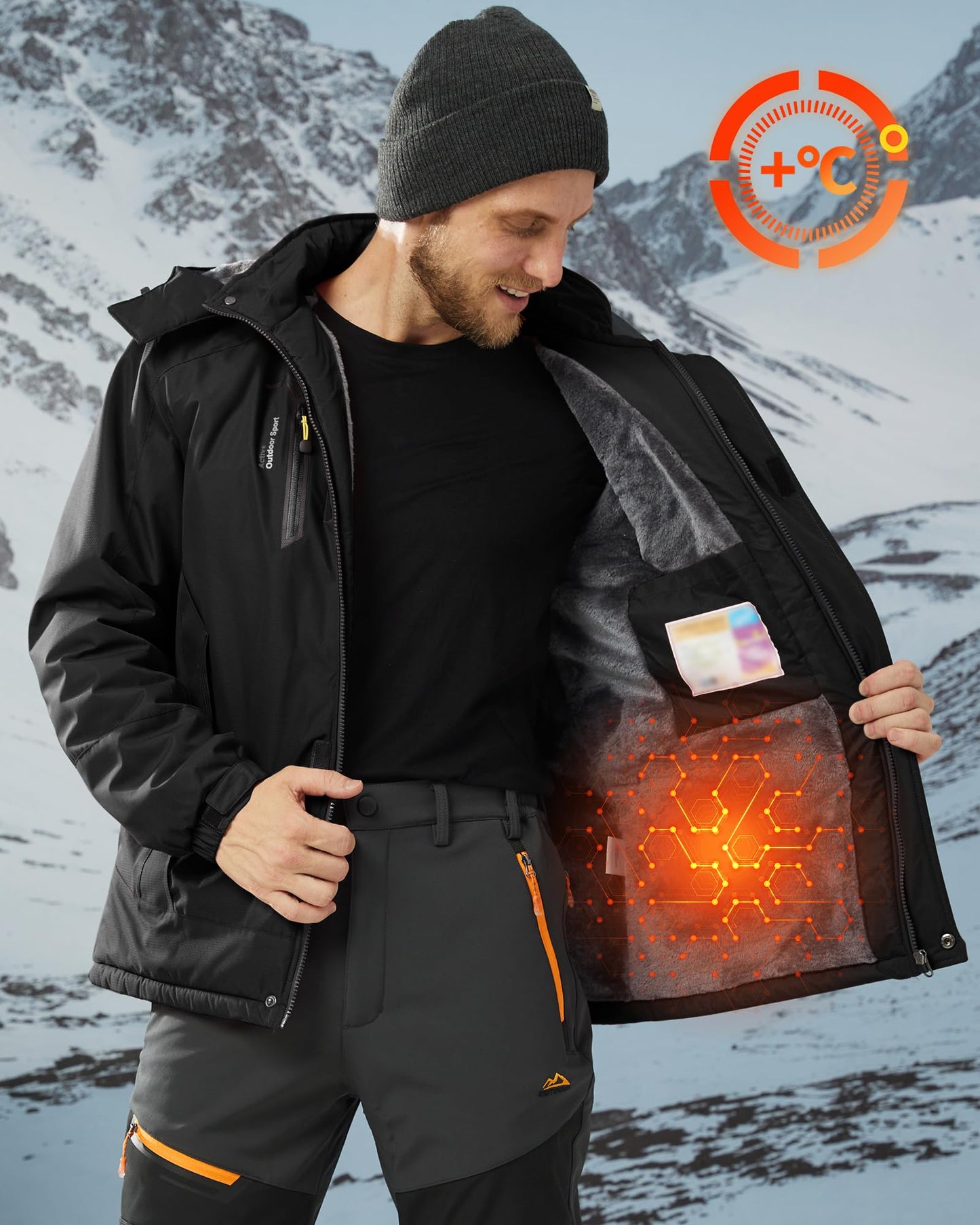 KEFITEVD Snowboardjacke Herren Warm Gefüttert Skijacke Wasserdicht Softshell Jacke mit Kapuze Fleece Winterjacke Atmungsaktiv Funktionsjacke