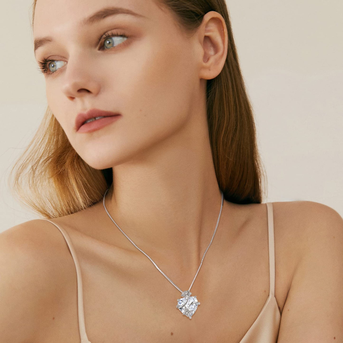 FJ Herz Geburtsstein Kette Damen 925 Sterling Silber Schmetterling Kette Anhänger mit Rose Blume Schmuck Geschenke für Frauen Mutter Freundin Mama
