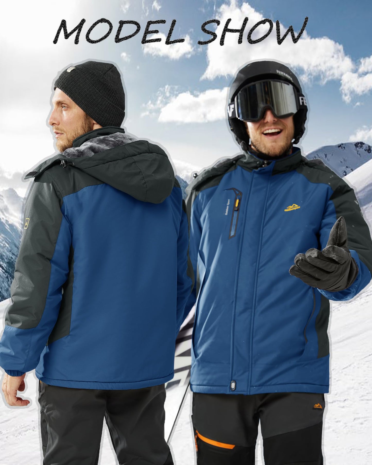 KEFITEVD Snowboardjacke Herren Warm Gefüttert Skijacke Wasserdicht Softshell Jacke mit Kapuze Fleece Winterjacke Atmungsaktiv Funktionsjacke