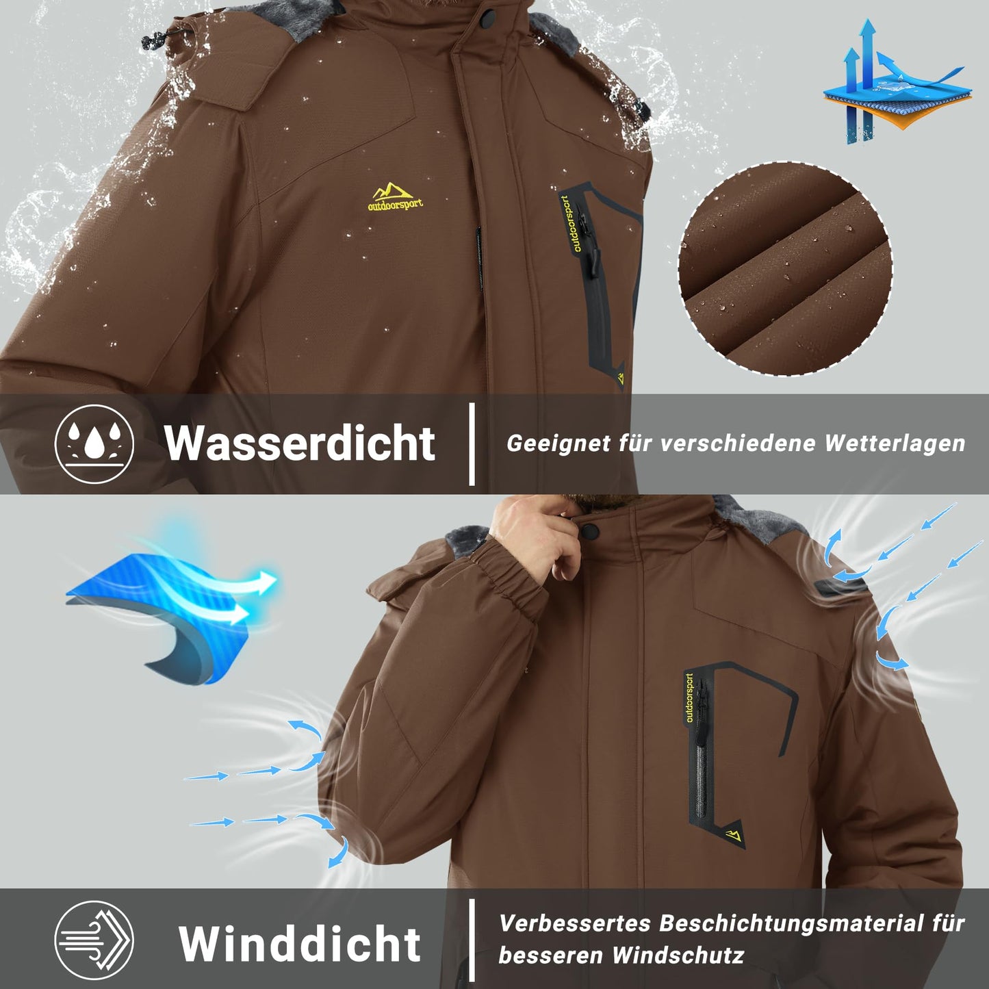 KEFITEVD Herren Skijacke Atmungsaktiv Warm Gefüttert Winterjacke mit Abnehmbarer Kapuze Snowboardjacke Wasserdicht Outdoorjacke