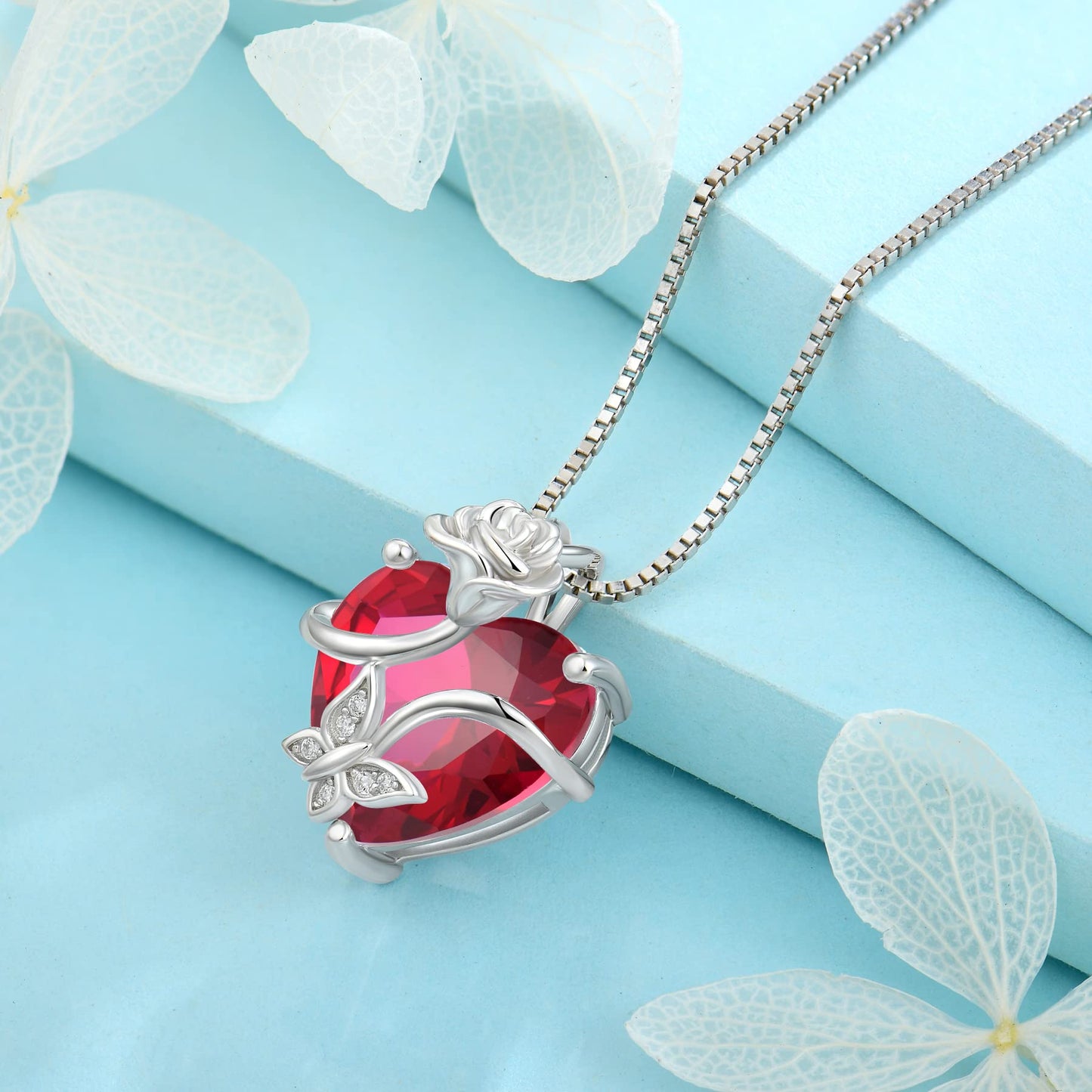 FJ Herz Geburtsstein Kette Damen 925 Sterling Silber Schmetterling Kette Anhänger mit Rose Blume Schmuck Geschenke für Frauen Mutter Freundin Mama