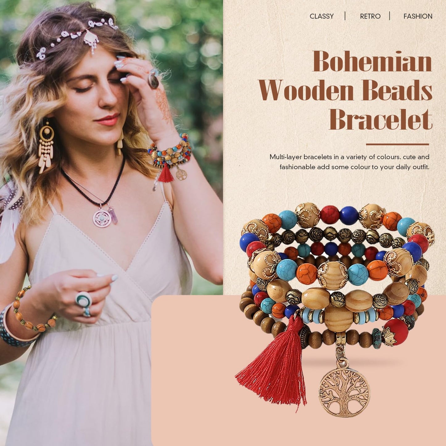 Sternstunde 4 Stück Boho Armbänder Damen, Chakra Armband für Frauen, Schmuck Boho Armreifen mit Holzperlen und Quaste, Chakra Armband, Lebensbaum-Charm, Liebe, Statement-Armreifen