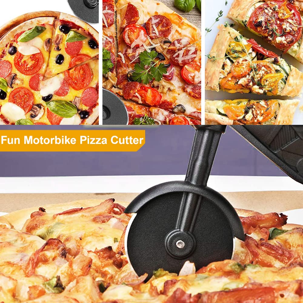 ELB Biker Motorrad Pizzaschneider, Lustige Pizza Schneider Edelstahl Kunststoff Pizzaroller Pizzarad Pizzamesser, Pizza Cutter mit Scharfem Schneiderad & Ständer für Weihnachten Kreativ Geschenke (Rot)