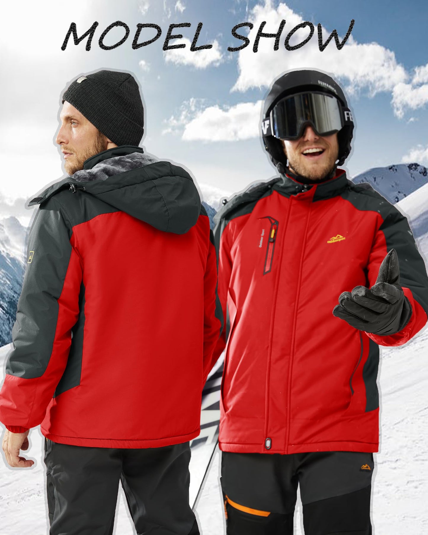 KEFITEVD Snowboardjacke Herren Warm Gefüttert Skijacke Wasserdicht Softshell Jacke mit Kapuze Fleece Winterjacke Atmungsaktiv Funktionsjacke