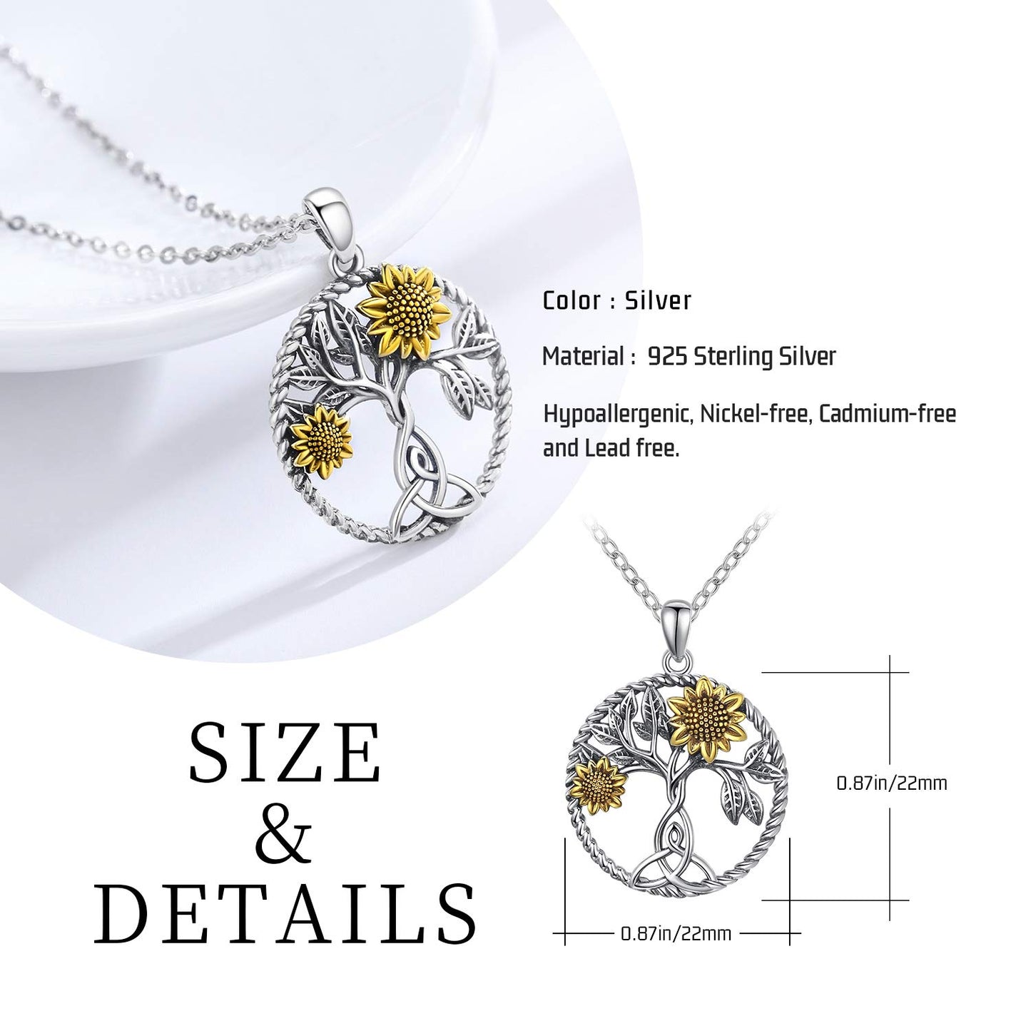 Ederseensucht-Sonnenblumen-Halskette, 925er Sterlingsilber, Gänseblümchen/Rose/Mondstein, Sonnenblumen-Baum des Lebens-Anhänger-Halskette, Sonnenblumen-Schmuck, Geschenke für Frauen, Mädchen, Mütter