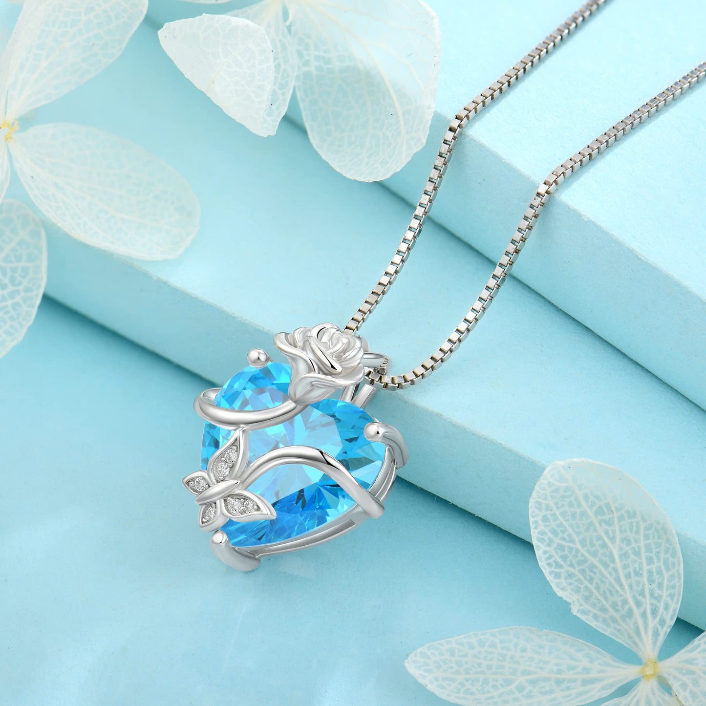 FJ Herz Geburtsstein Kette Damen 925 Sterling Silber Schmetterling Kette Anhänger mit Rose Blume Schmuck Geschenke für Frauen Mutter Freundin Mama