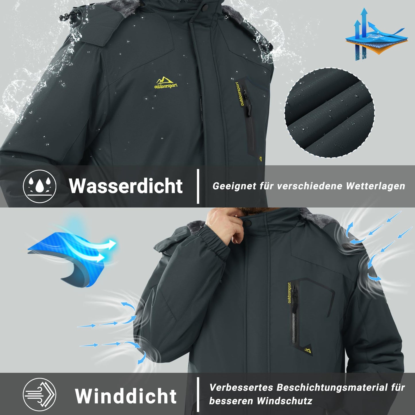 KEFITEVD Herren Skijacke Atmungsaktiv Warm Gefüttert Winterjacke mit Abnehmbarer Kapuze Snowboardjacke Wasserdicht Outdoorjacke
