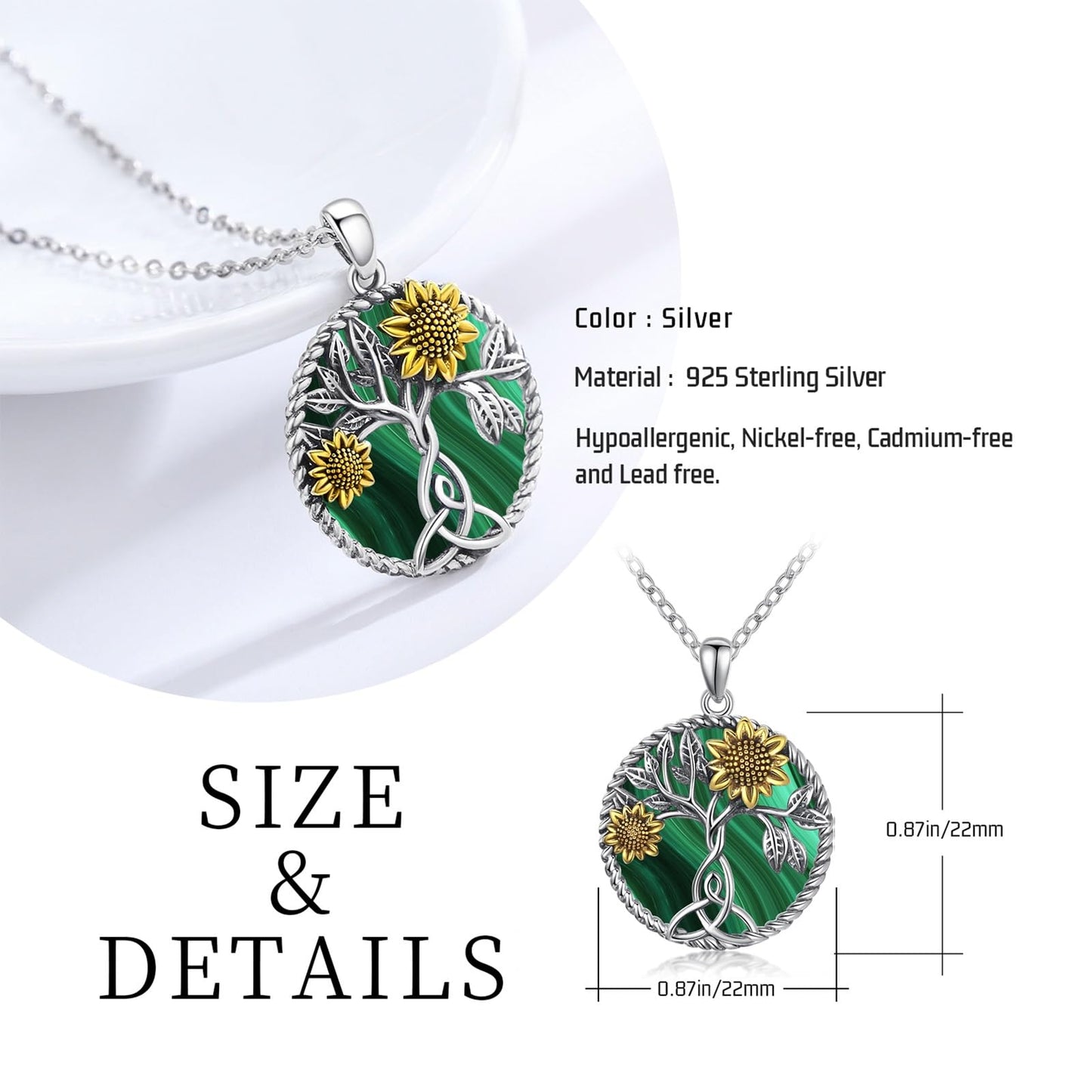 Ederseensucht-Sonnenblumen-Halskette, 925er Sterlingsilber, Gänseblümchen/Rose/Mondstein, Sonnenblumen-Baum des Lebens-Anhänger-Halskette, Sonnenblumen-Schmuck, Geschenke für Frauen, Mädchen, Mütter