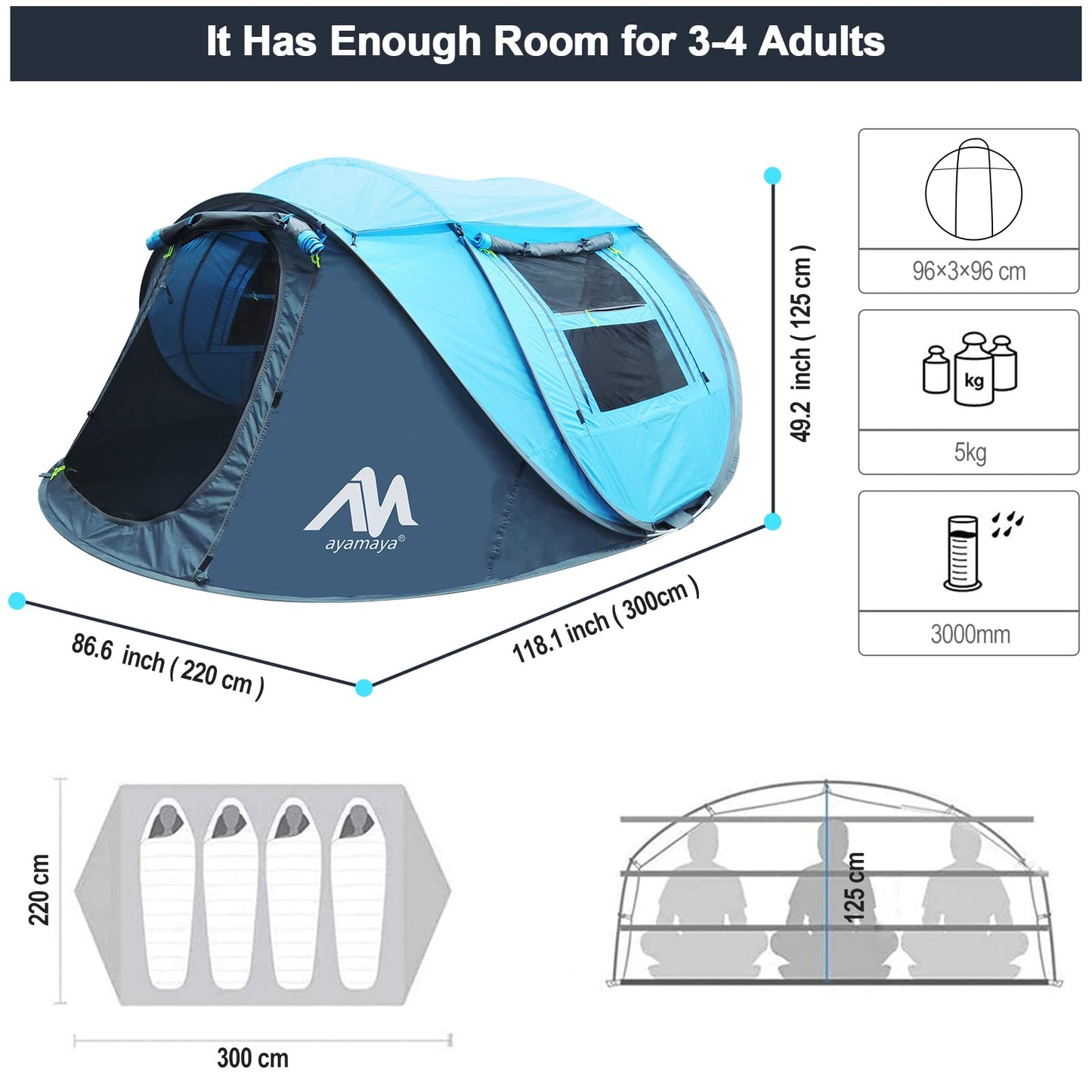 Zelt 3-4 Personen Pop Up Wurfzelt mit Große Dachfenster, Strandmuschel Automatik 4 Mann Zelte Wasserdicht Strandzelt Festivalzelt Schnellaufbauzelt für Outdoor Camping Picknick Wandern