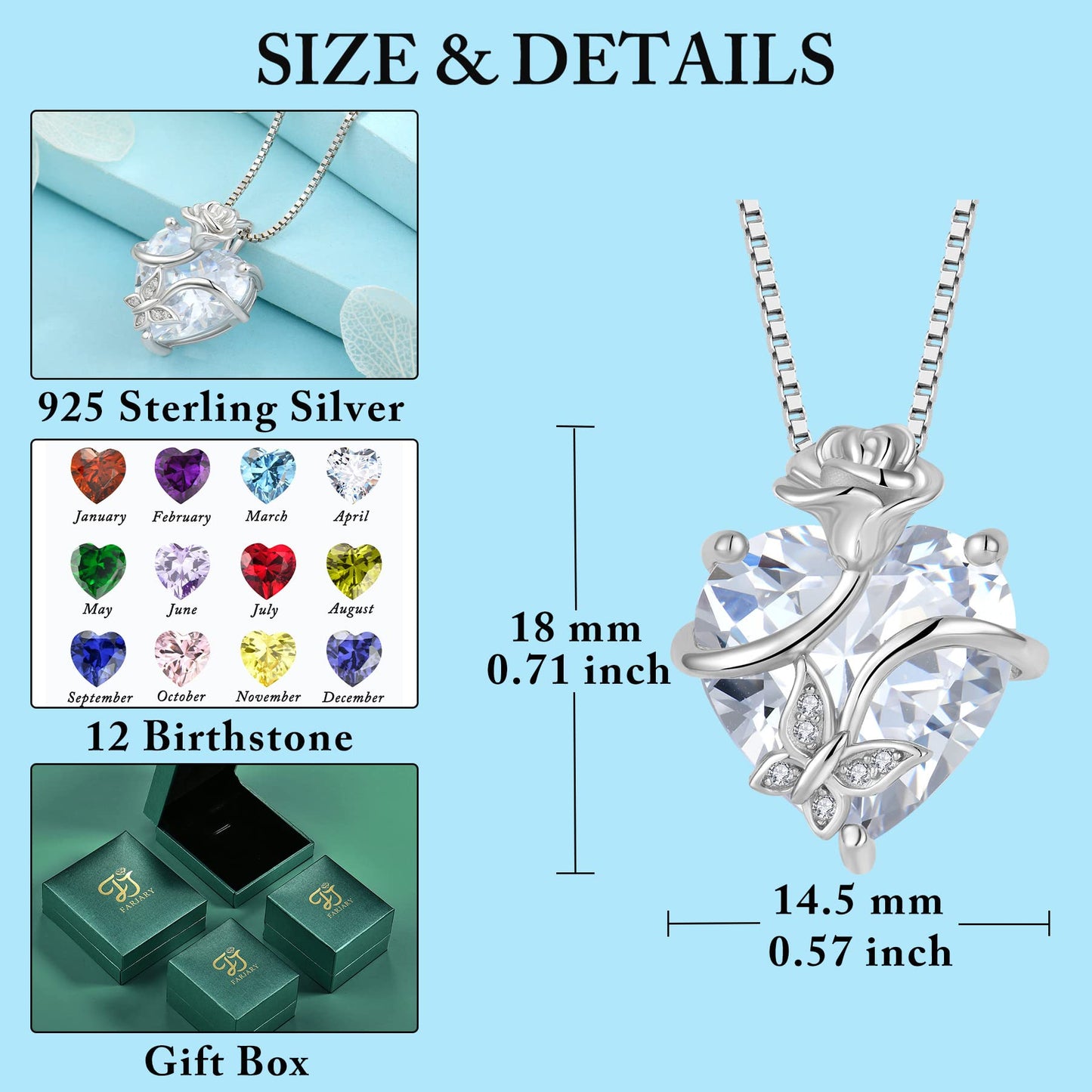 FJ Herz Geburtsstein Kette Damen 925 Sterling Silber Schmetterling Kette Anhänger mit Rose Blume Schmuck Geschenke für Frauen Mutter Freundin Mama