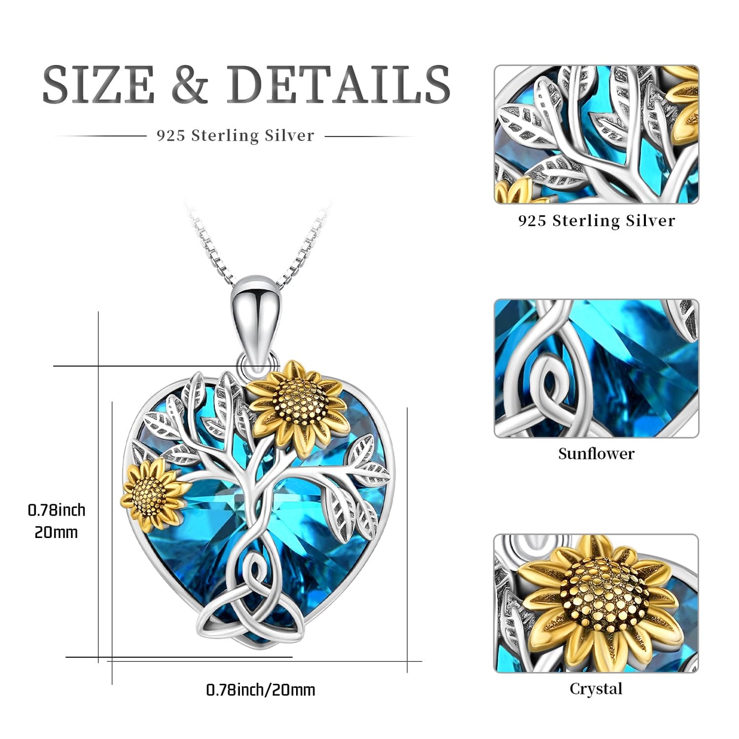 Ederseensucht-Sonnenblumen-Halskette, 925er Sterlingsilber, Gänseblümchen/Rose/Mondstein, Sonnenblumen-Baum des Lebens-Anhänger-Halskette, Sonnenblumen-Schmuck, Geschenke für Frauen, Mädchen, Mütter