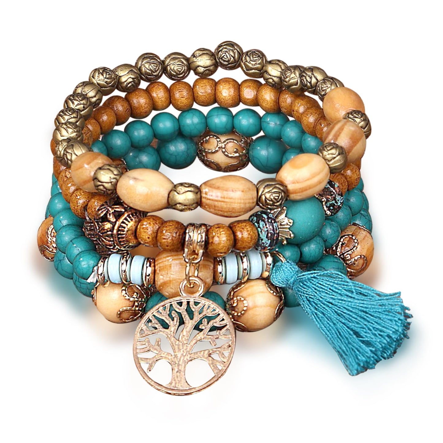 Sternstunde 4 Stück Boho Armbänder Damen, Chakra Armband für Frauen, Schmuck Boho Armreifen mit Holzperlen und Quaste, Chakra Armband, Lebensbaum-Charm, Liebe, Statement-Armreifen