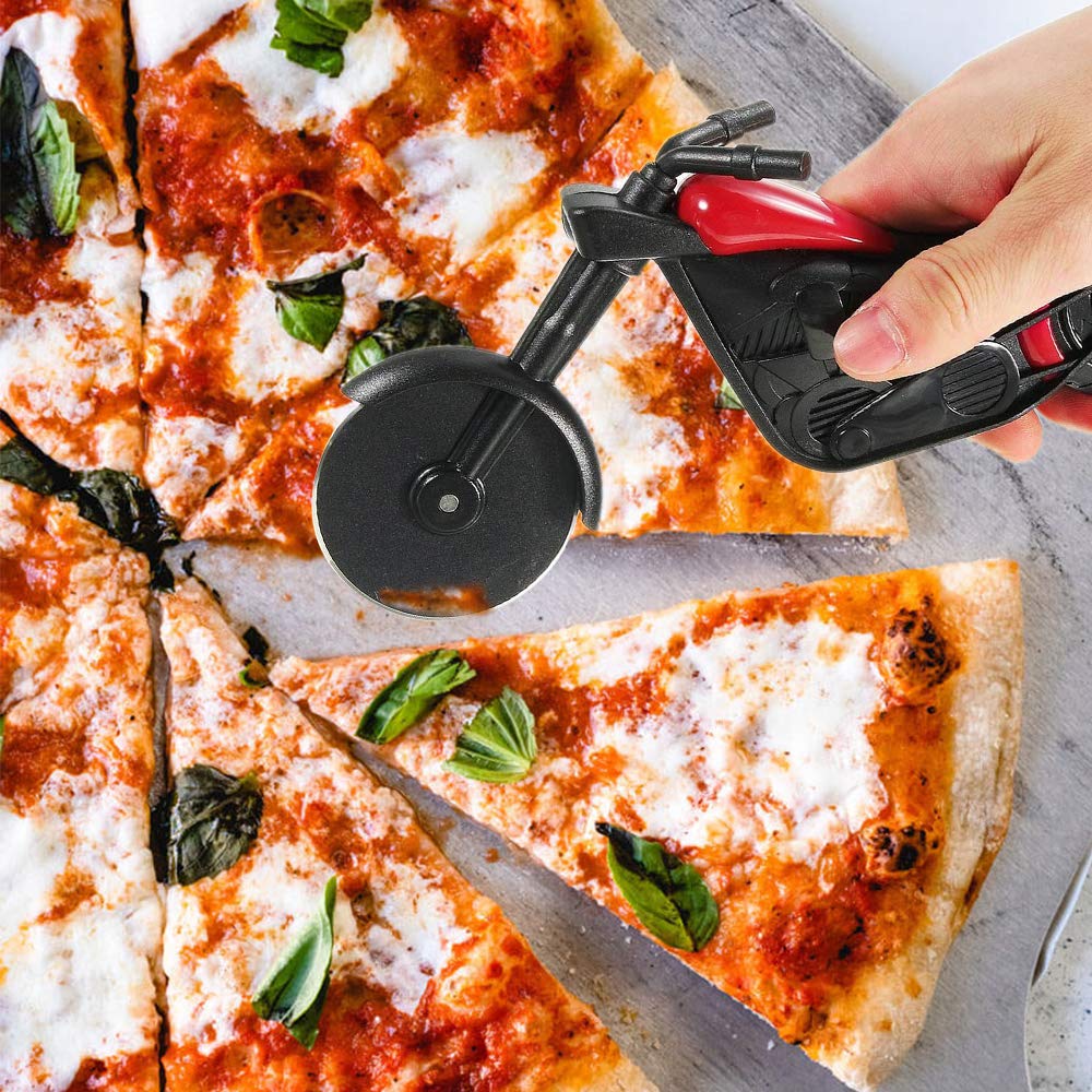 ELB Biker Motorrad Pizzaschneider, Lustige Pizza Schneider Edelstahl Kunststoff Pizzaroller Pizzarad Pizzamesser, Pizza Cutter mit Scharfem Schneiderad & Ständer für Weihnachten Kreativ Geschenke (Rot)