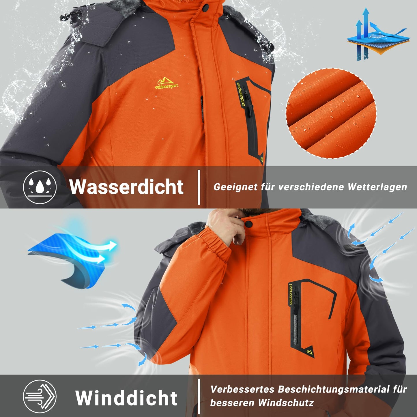 KEFITEVD Herren Skijacke Atmungsaktiv Warm Gefüttert Winterjacke mit Abnehmbarer Kapuze Snowboardjacke Wasserdicht Outdoorjacke