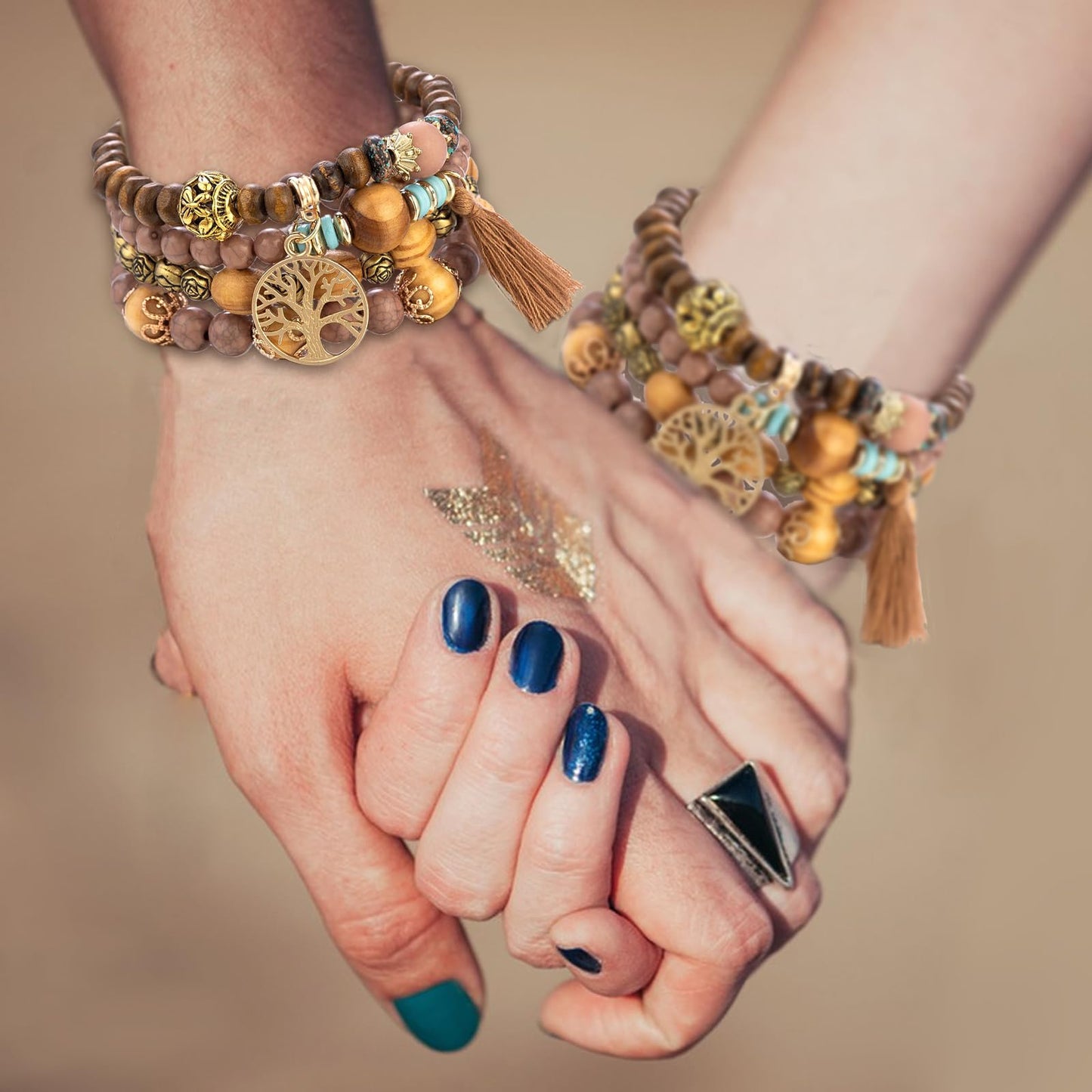 Sternstunde 4 Stück Boho Armbänder Damen, Chakra Armband für Frauen, Schmuck Boho Armreifen mit Holzperlen und Quaste, Chakra Armband, Lebensbaum-Charm, Liebe, Statement-Armreifen