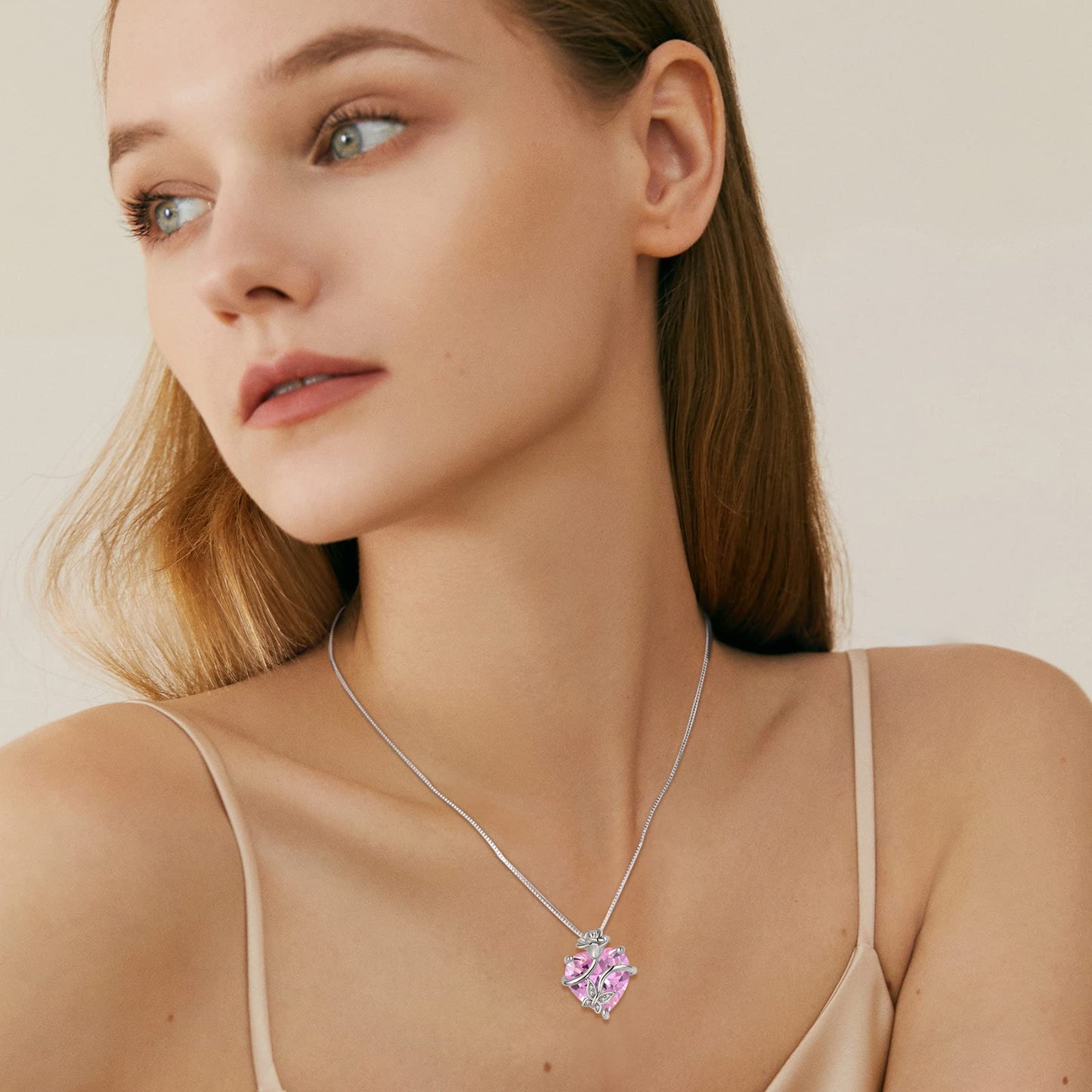 FJ Herz Geburtsstein Kette Damen 925 Sterling Silber Schmetterling Kette Anhänger mit Rose Blume Schmuck Geschenke für Frauen Mutter Freundin Mama